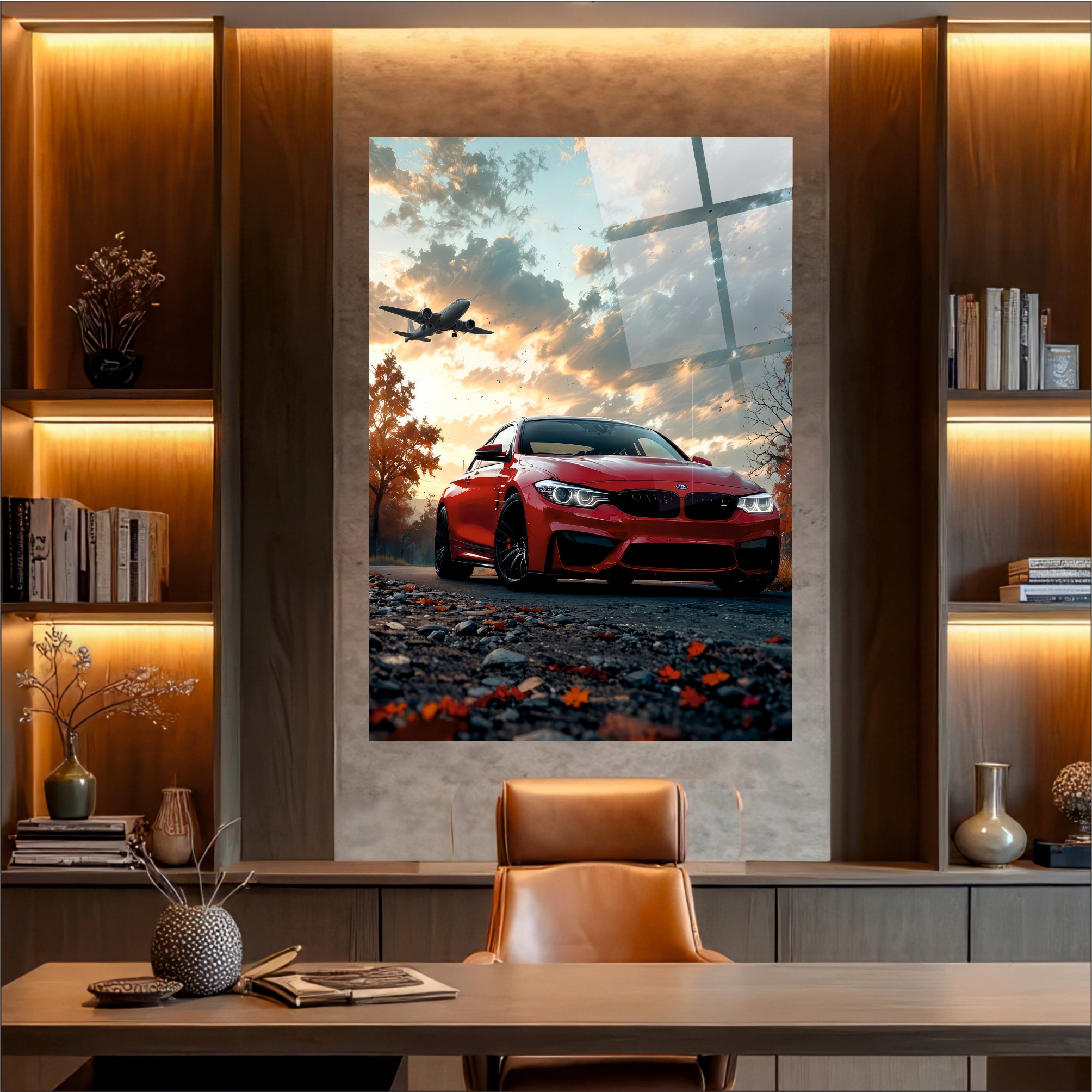 Kırmızı BMW ve Alçaktan Uçan Uçak Cam Tablo