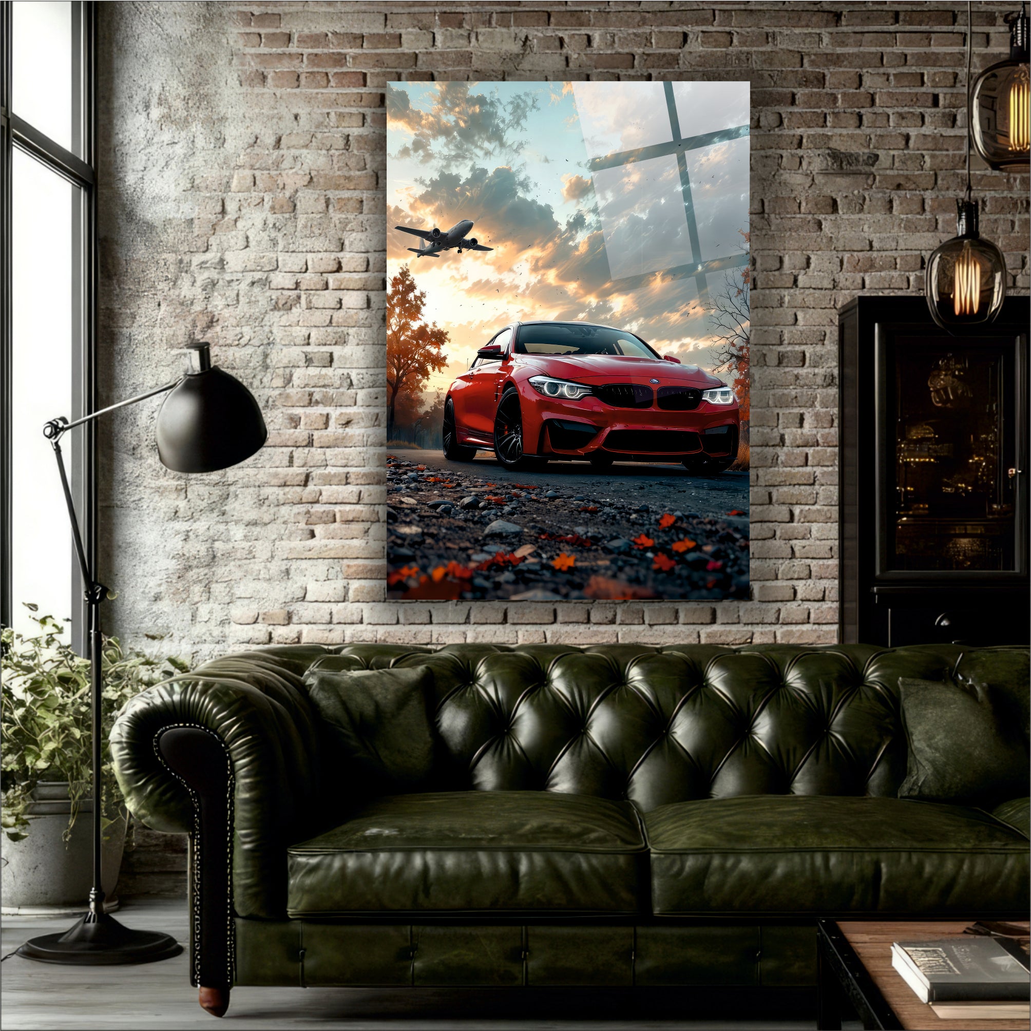 Kırmızı BMW ve Alçaktan Uçan Uçak Cam Tablo