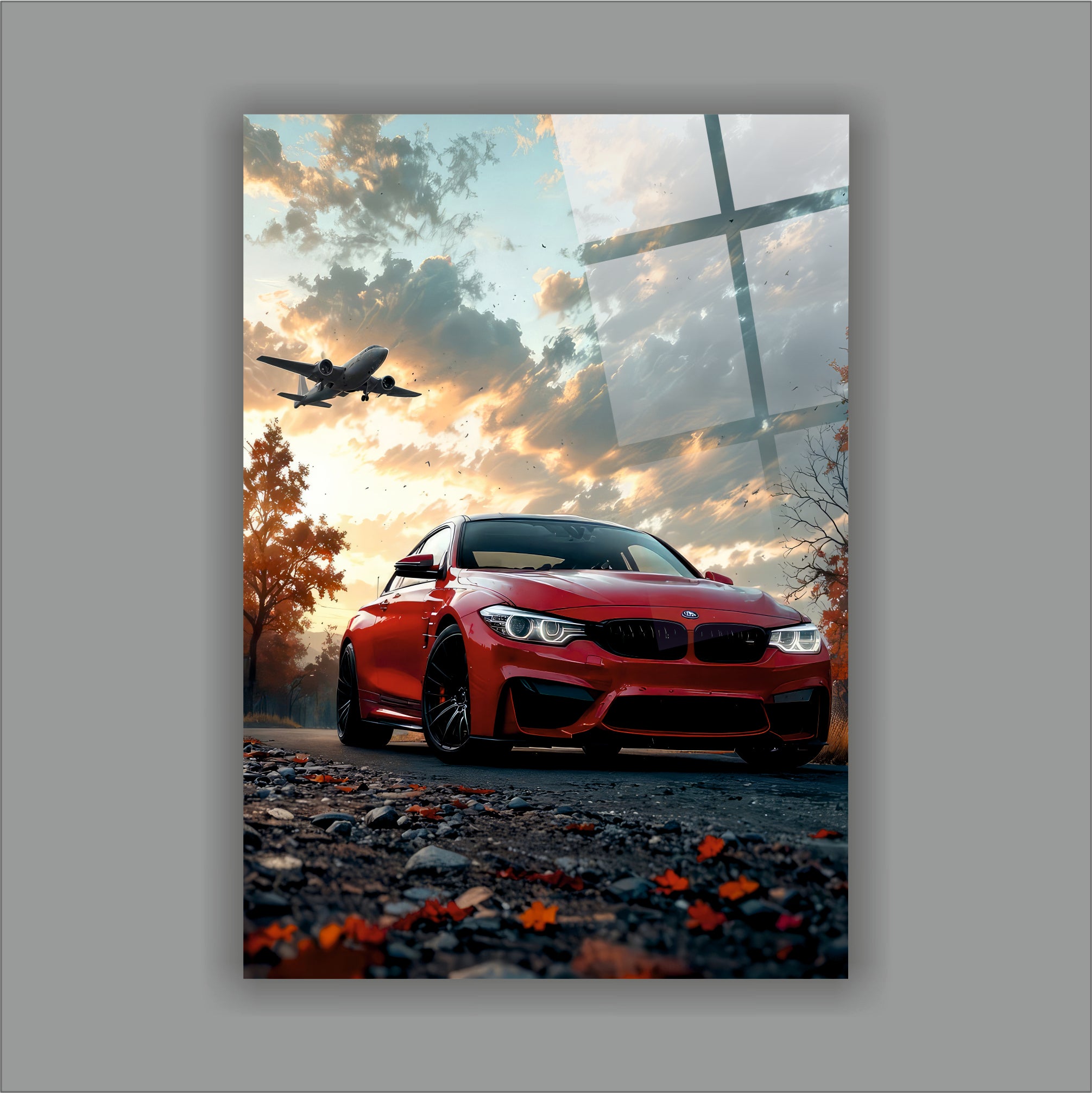 Kırmızı BMW ve Alçaktan Uçan Uçak Cam Tablo