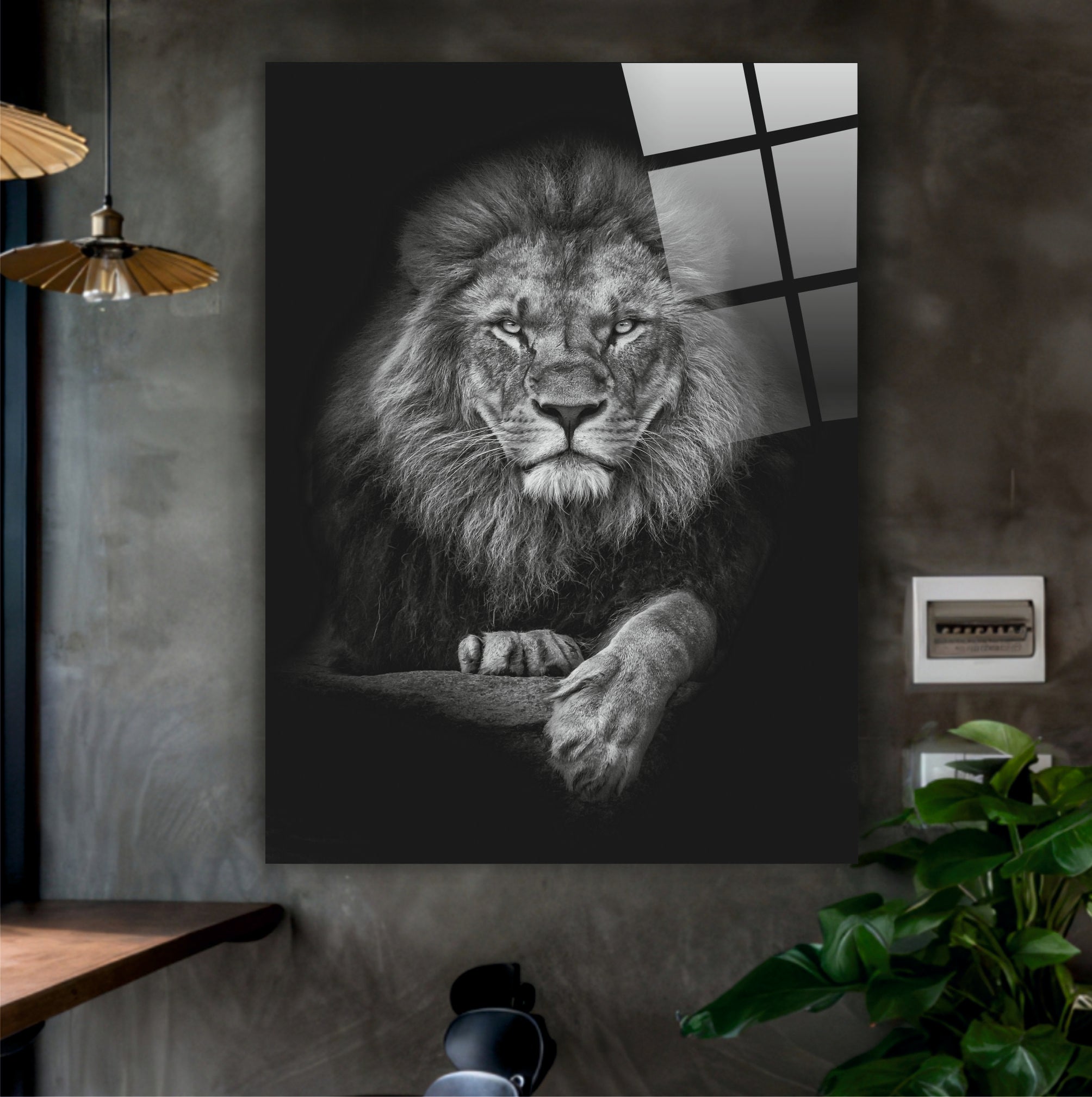 ASLAN-1 Siyah Beyaz Aslan Portresi Temperli Cam Tablo