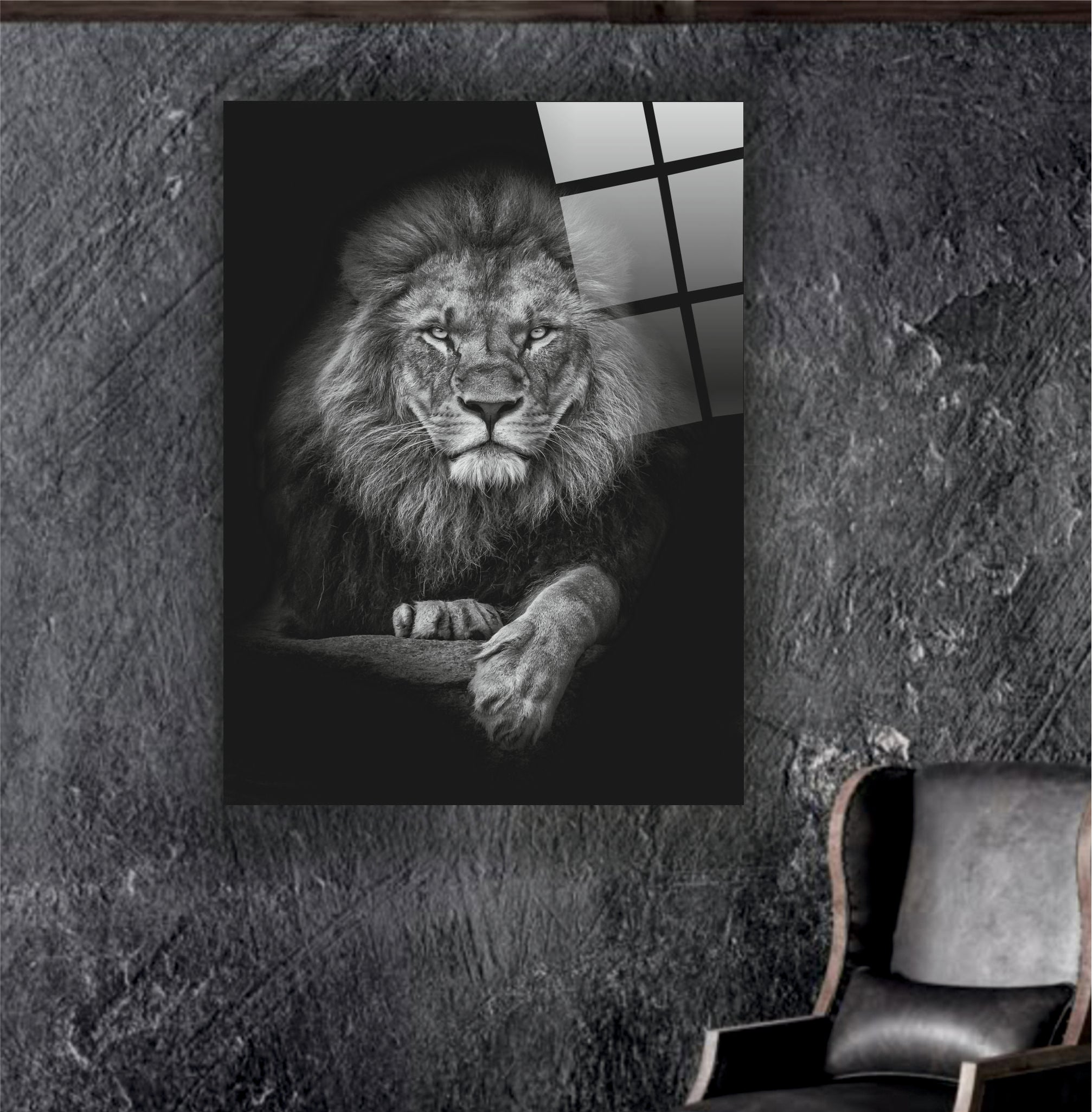 ASLAN-1 Siyah Beyaz Aslan Portresi Temperli Cam Tablo