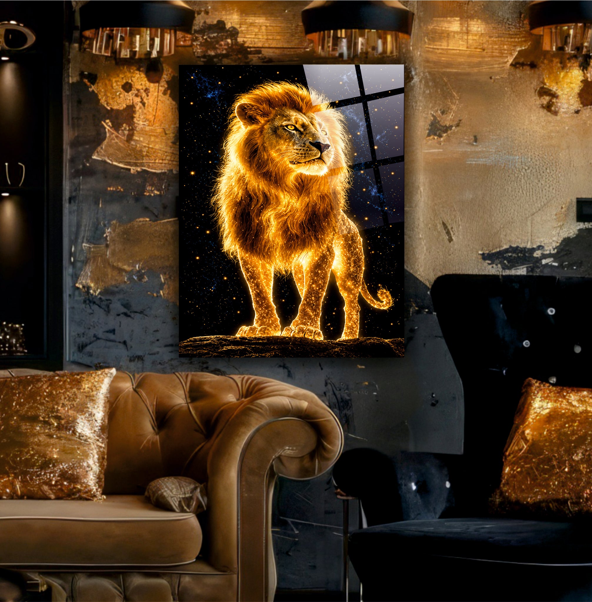 ASLAN-101 Altın Işıltılı Görkemli Aslan ve Yıldızlar Temalı Modern Cam Tablo