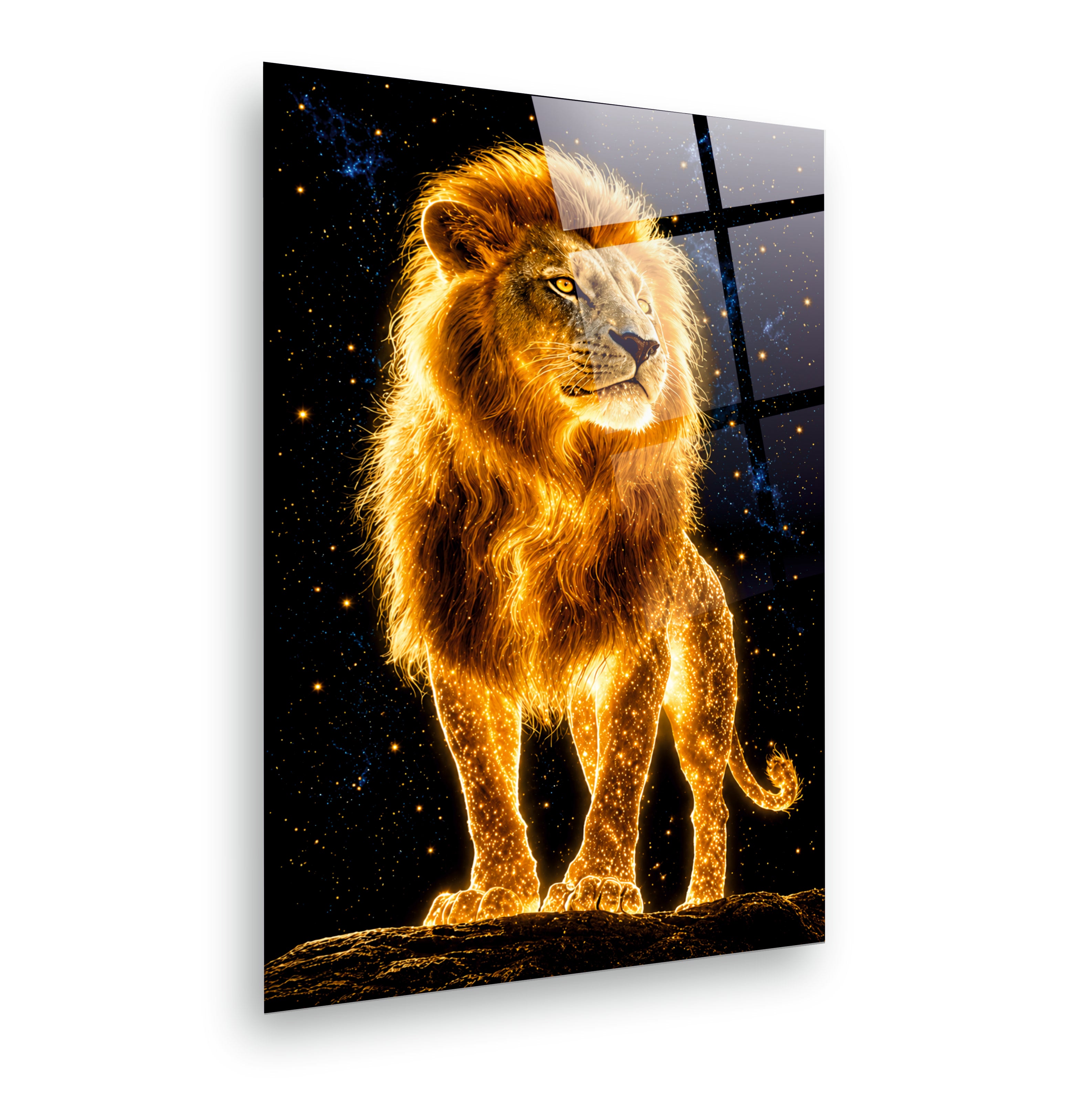 ASLAN-101 Altın Işıltılı Görkemli Aslan ve Yıldızlar Temalı Modern Cam Tablo