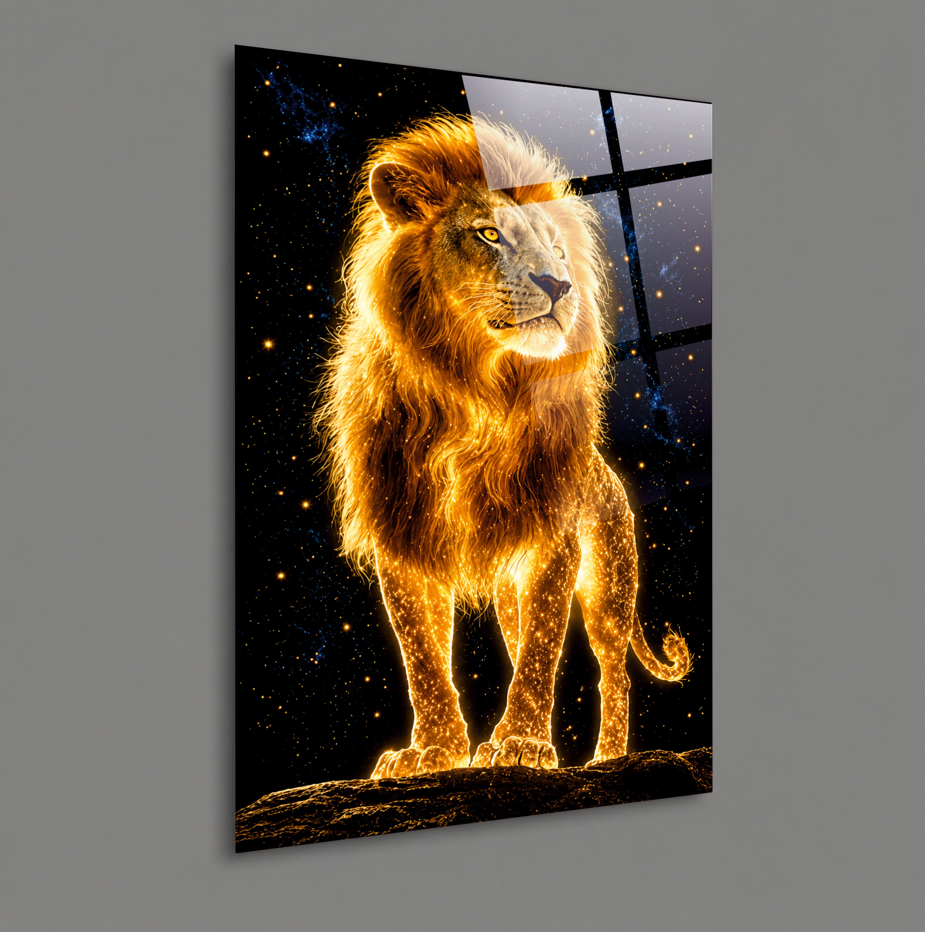 ASLAN-101 Altın Işıltılı Görkemli Aslan ve Yıldızlar Temalı Modern Cam Tablo