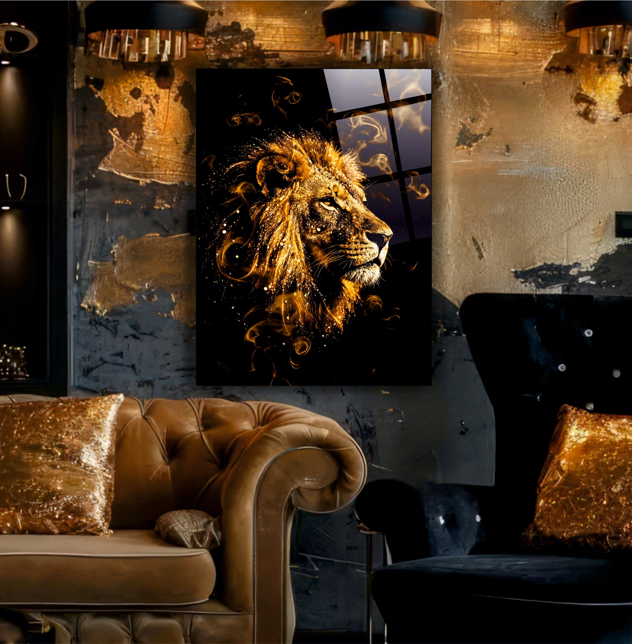 ASLAN-102 Altın Ejderha Detaylı Görkemli Aslan Temalı Modern Cam Tablo