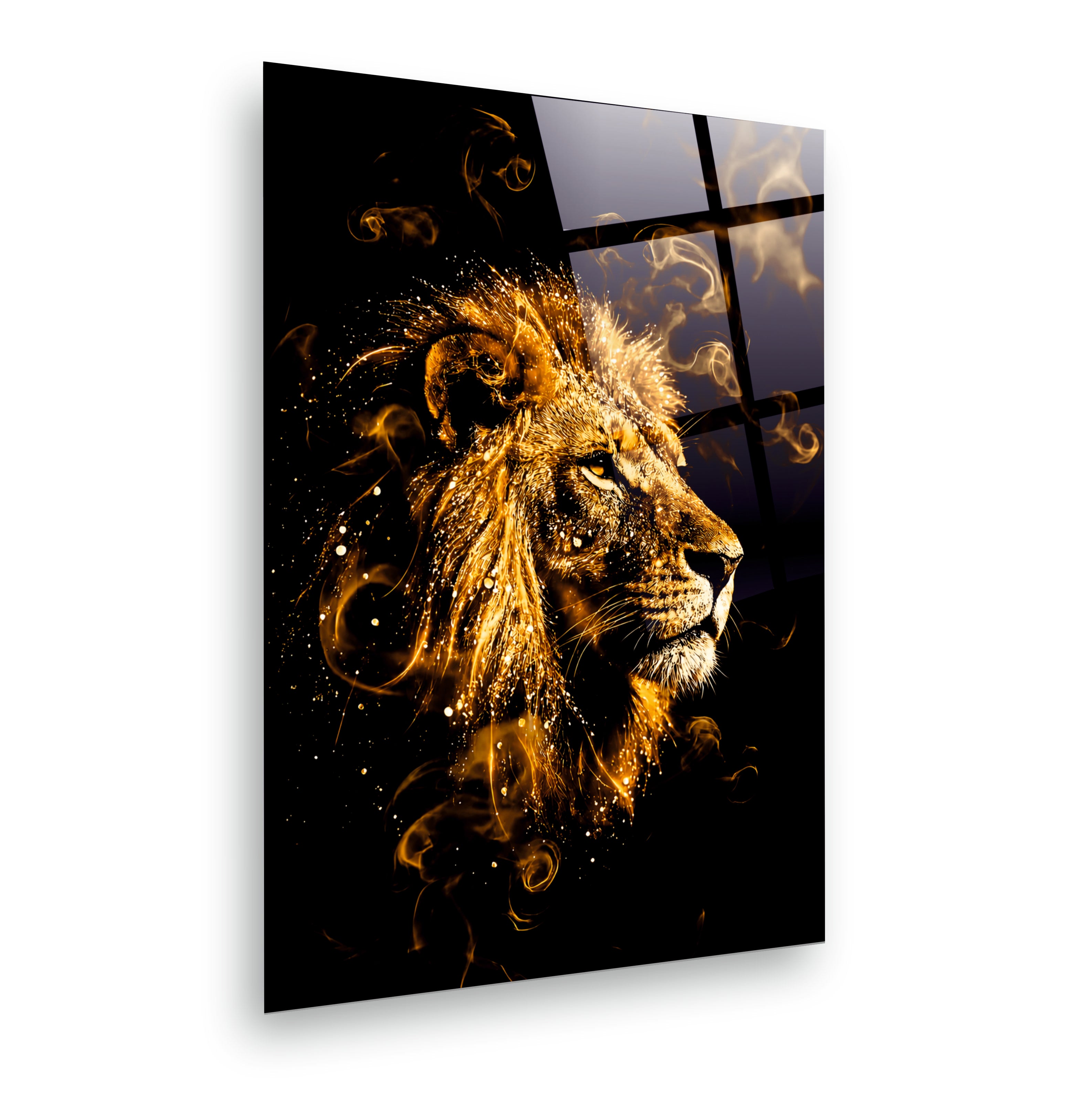 ASLAN-102 Altın Ejderha Detaylı Görkemli Aslan Temalı Modern Cam Tablo