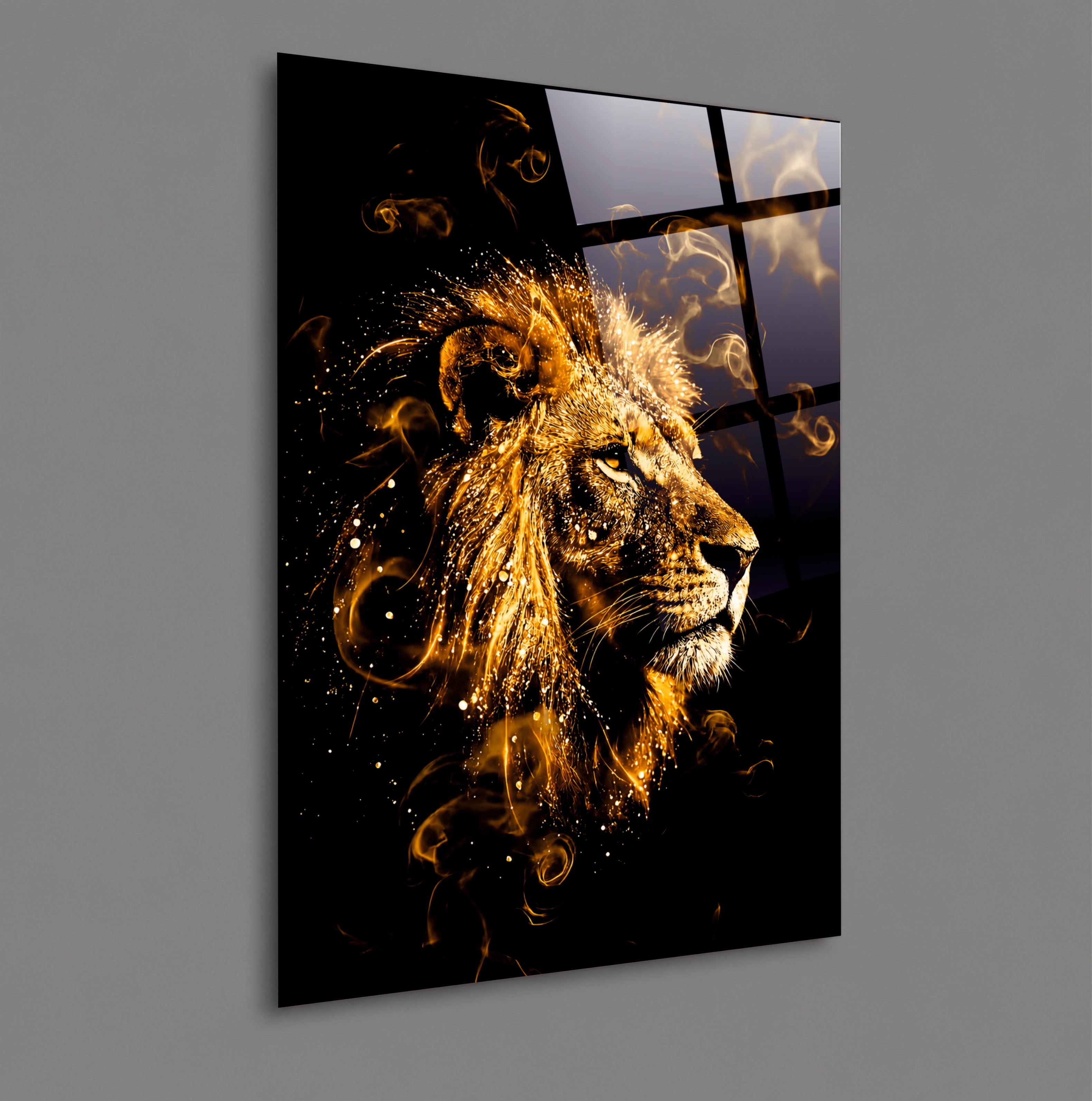 ASLAN-102 Altın Ejderha Detaylı Görkemli Aslan Temalı Modern Cam Tablo