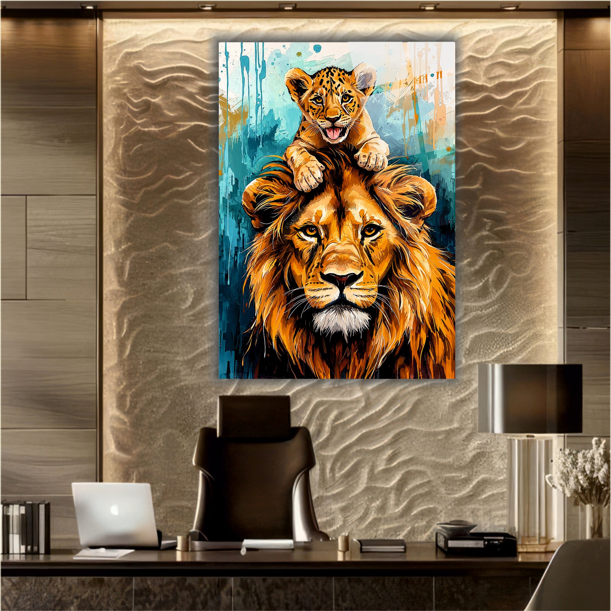 ASLAN-103 Yavru Aslan ve Baba Aslan Temalı Renkli Modern Aile Cam Tablo