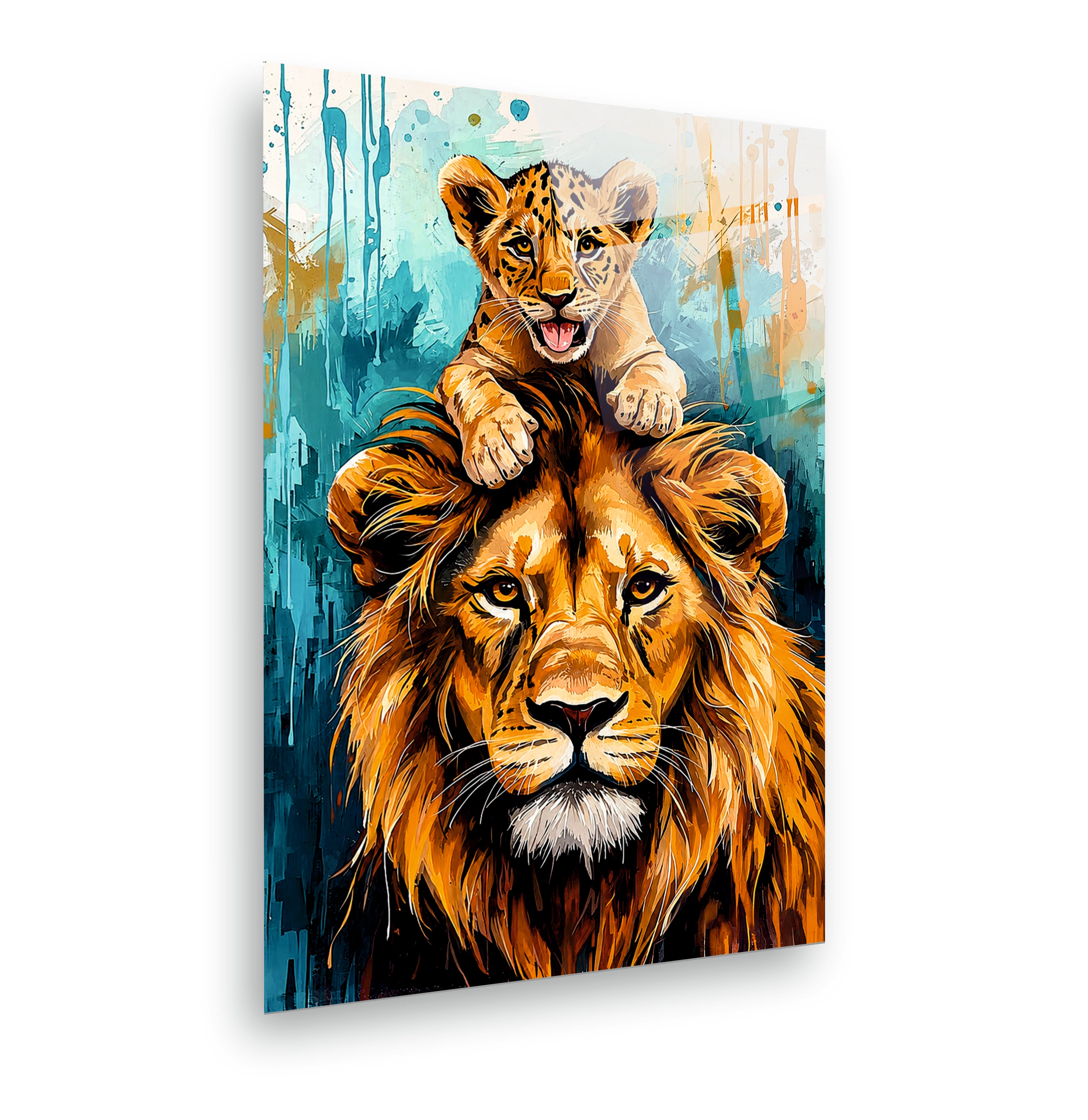 ASLAN-103 Yavru Aslan ve Baba Aslan Temalı Renkli Modern Aile Cam Tablo
