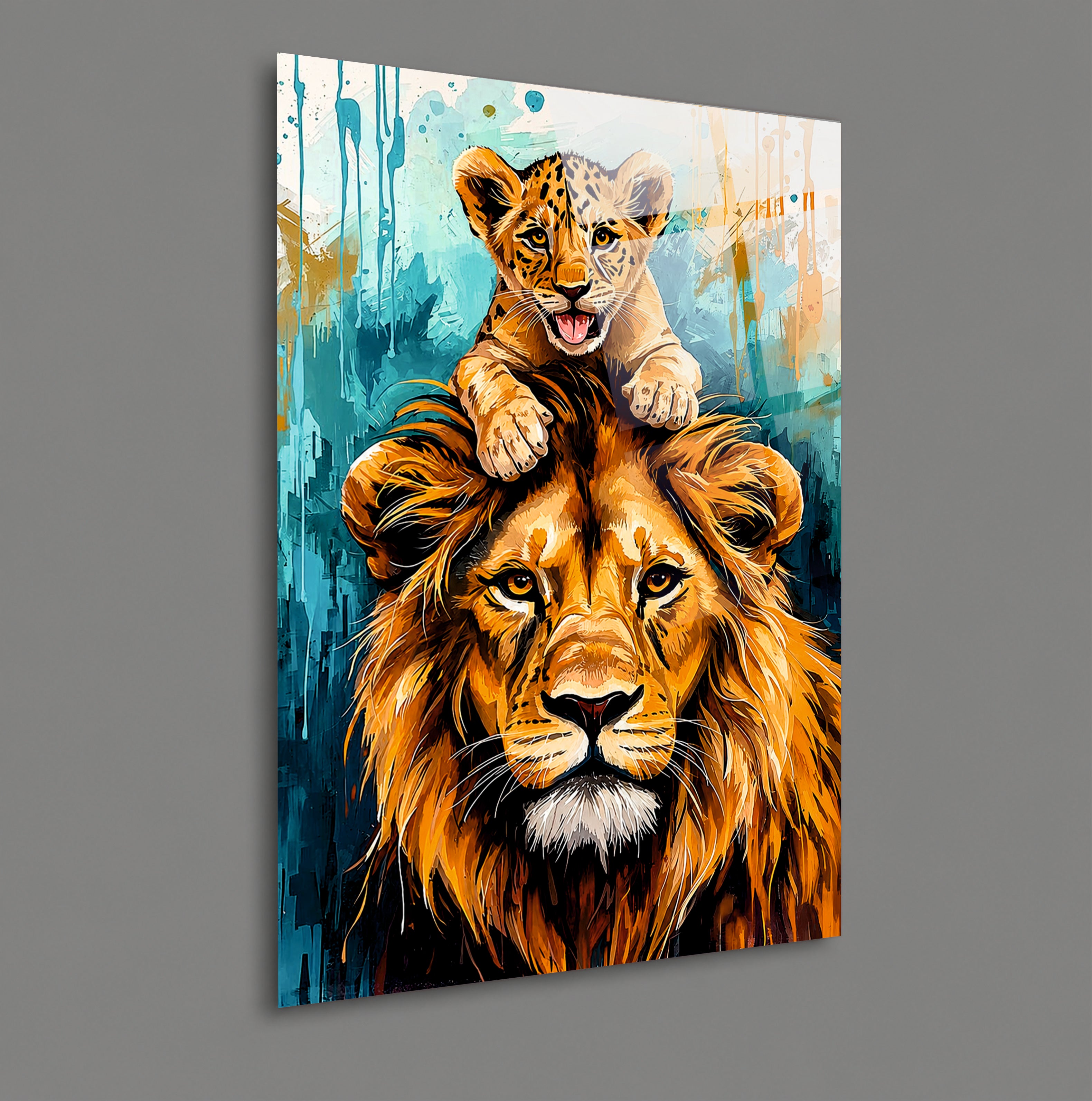 ASLAN-103 Yavru Aslan ve Baba Aslan Temalı Renkli Modern Aile Cam Tablo