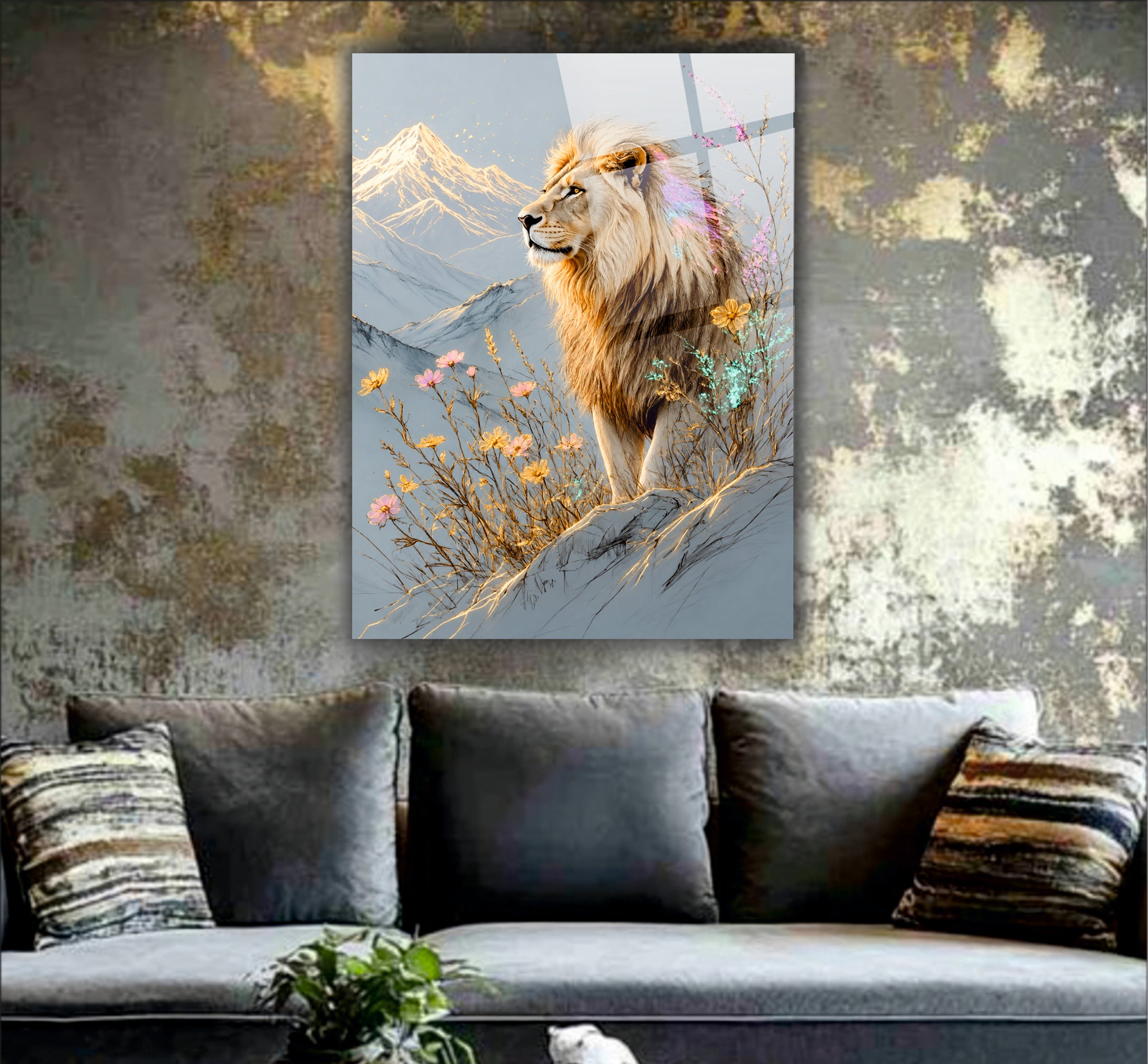 ASLAN-104 Dağlar Arasında Çiçeklerle Çevrili Görkemli Aslan Temalı Modern Cam Tablo