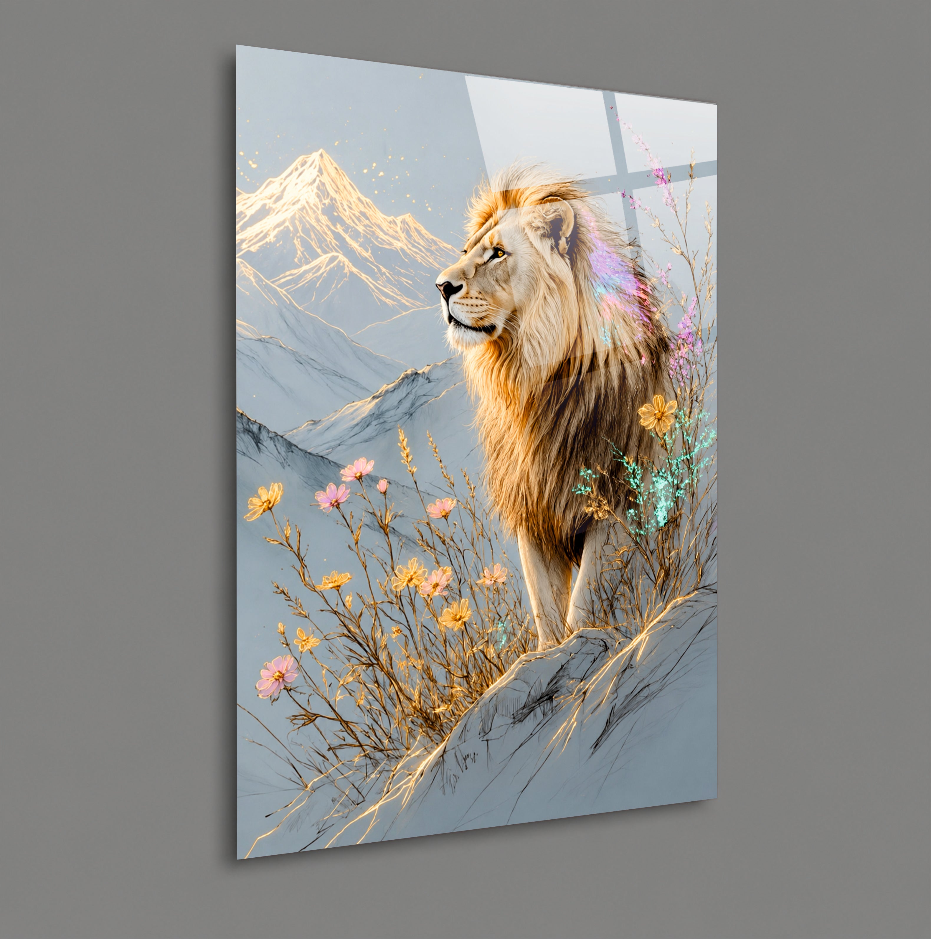ASLAN-104 Dağlar Arasında Çiçeklerle Çevrili Görkemli Aslan Temalı Modern Cam Tablo