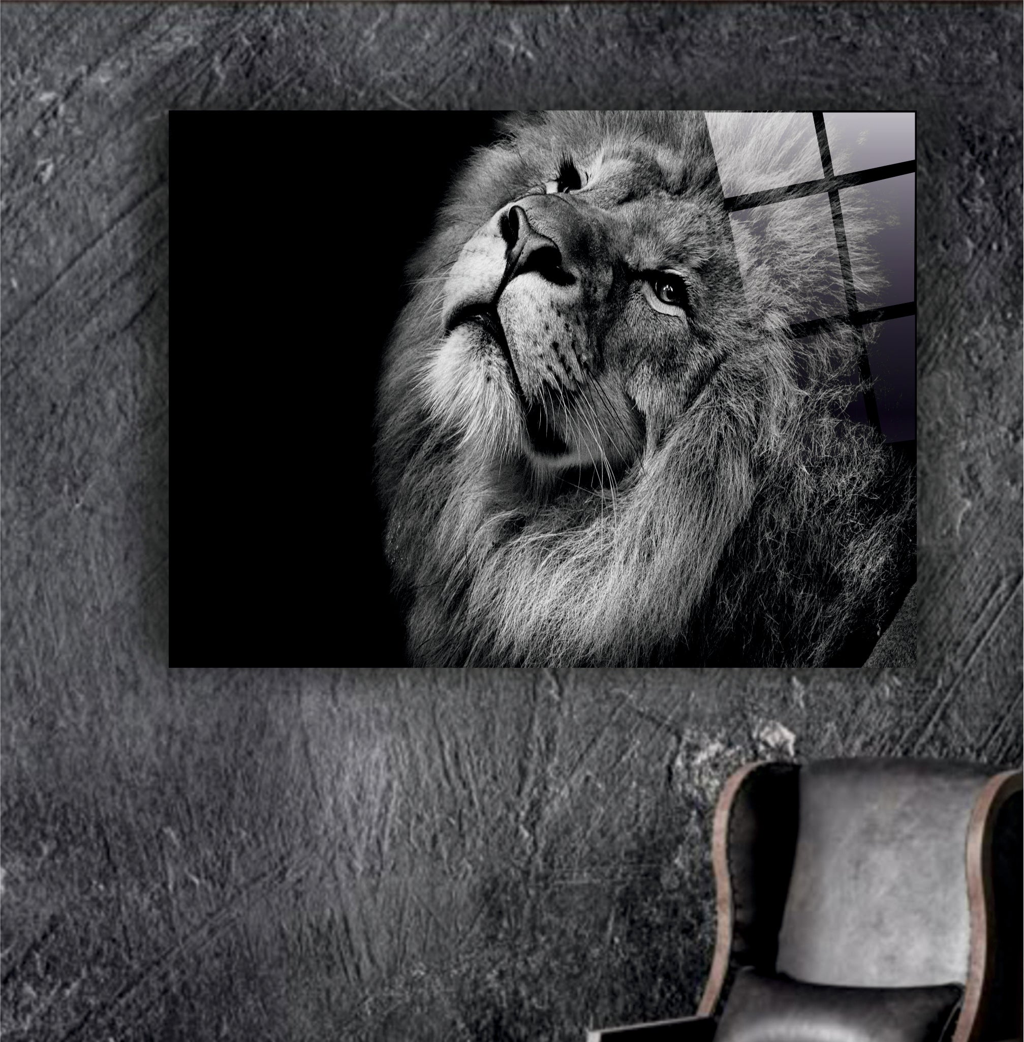 ASLAN-34 Siyah Beyaz Asil Aslan Portresi Premium Cam Tablo