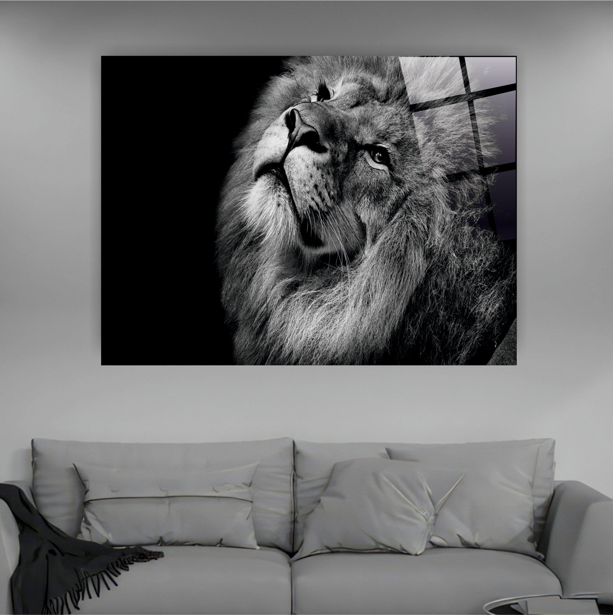 ASLAN-34 Siyah Beyaz Asil Aslan Portresi Premium Cam Tablo