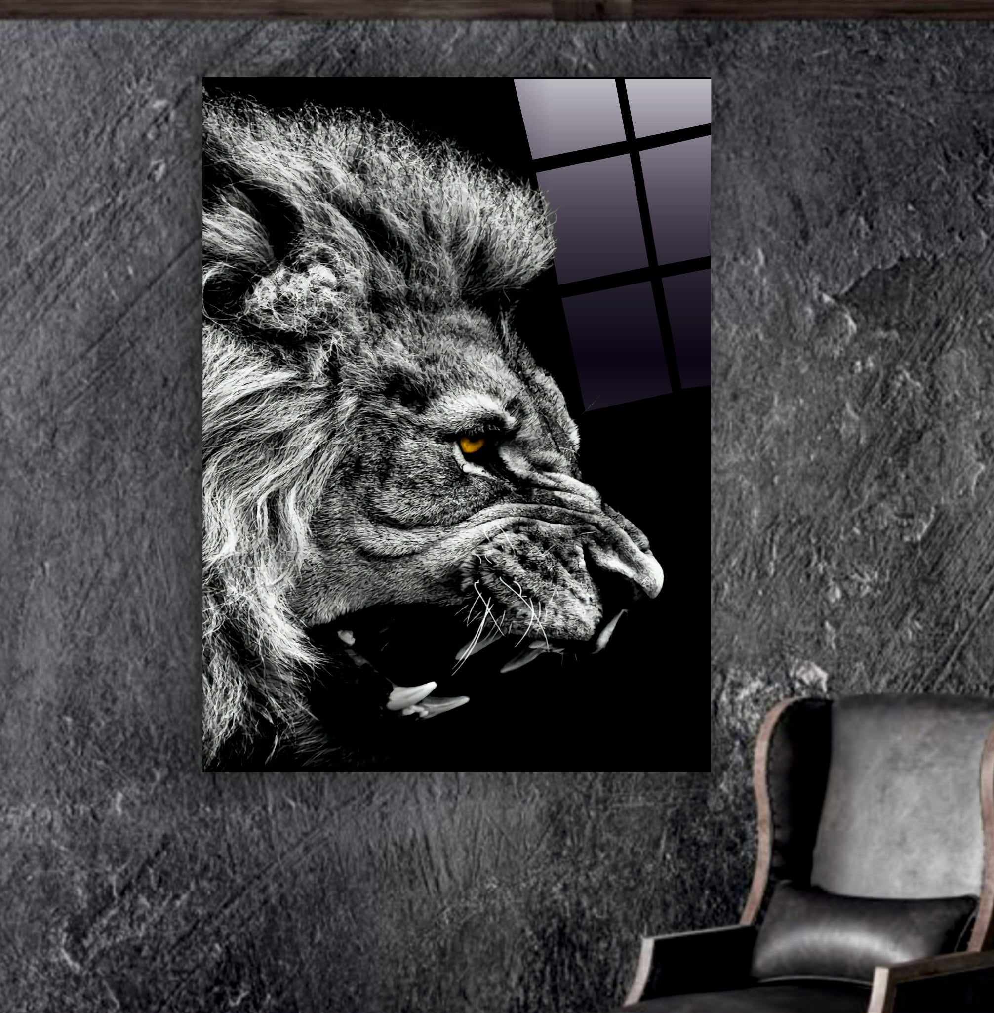 ASLAN-5 Siyah Beyaz Kükreyen Aslan Portresi