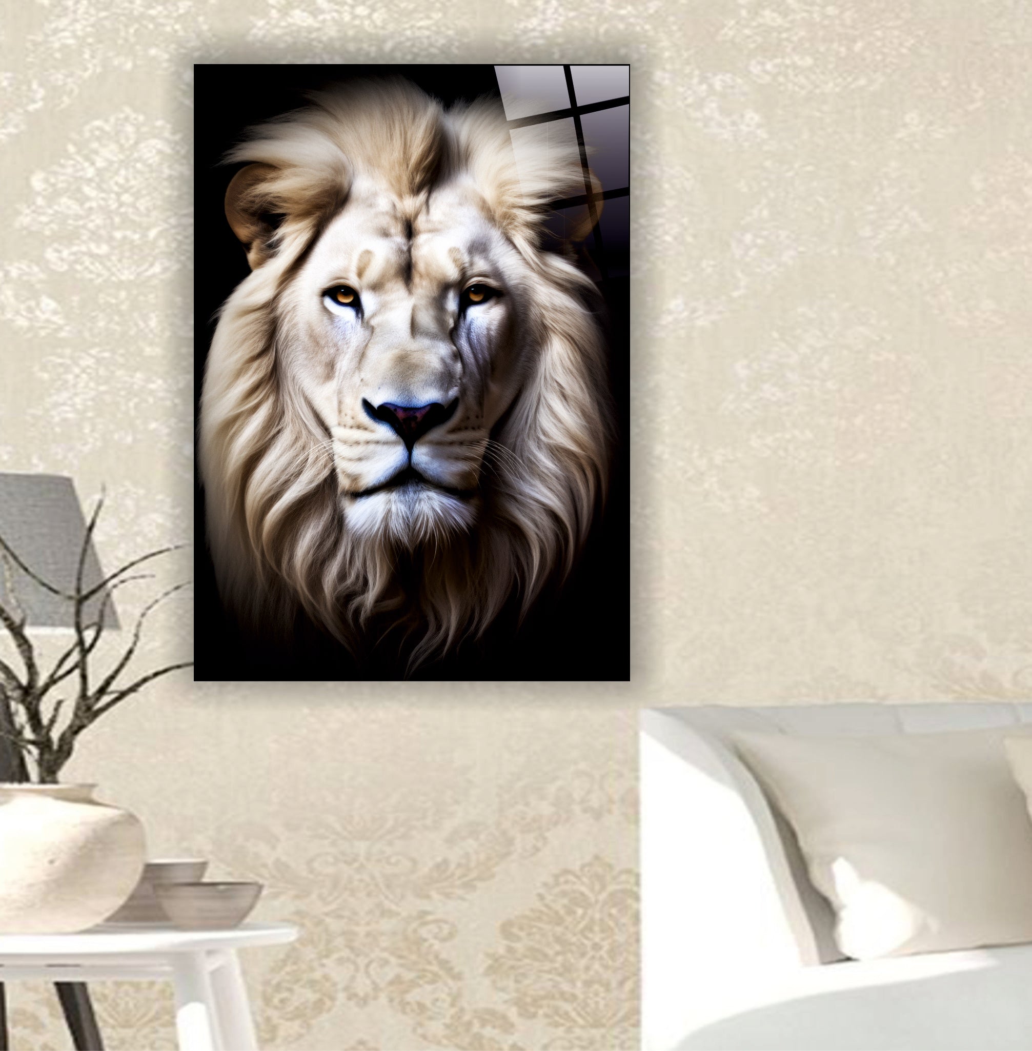ASLAN-58 Beyaz Aslan Portresi Siyah Fon