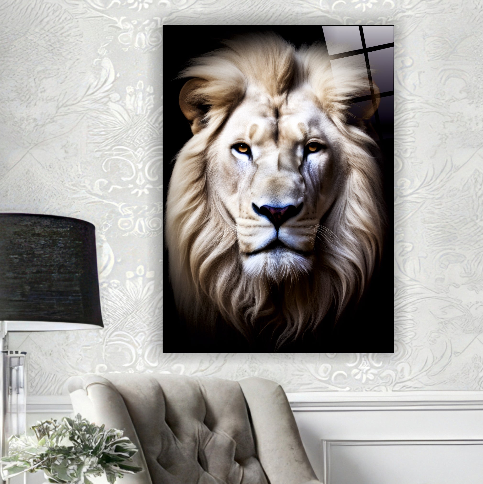 ASLAN-58 Beyaz Aslan Portresi Siyah Fon