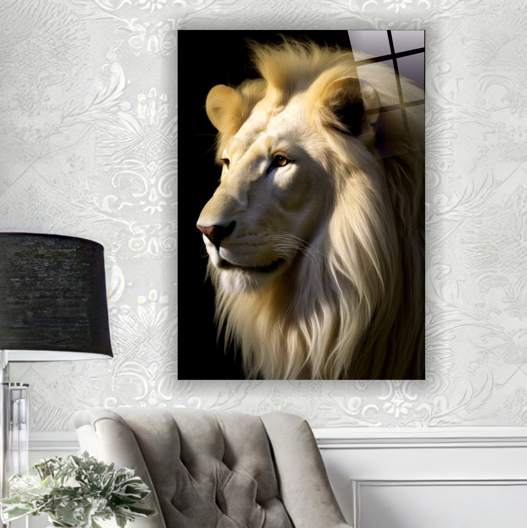 ASLAN-59 Beyaz Aslan Yan Profil Siyah Fon