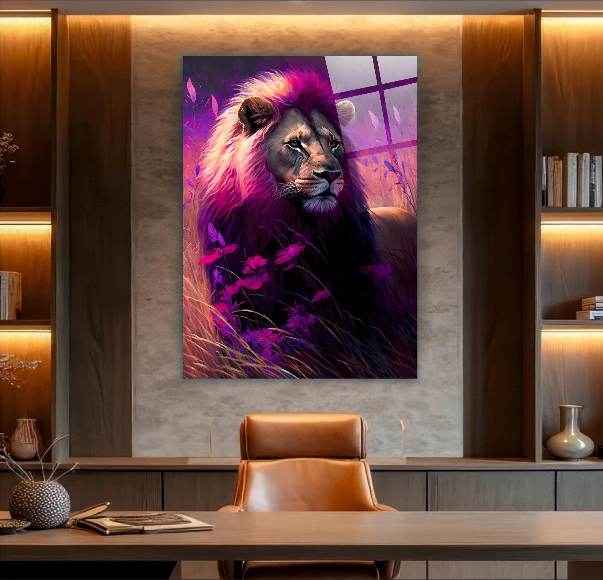 ASLAN-67 Mor Gün Batımında Sanatsal Aslan Cam Tablo