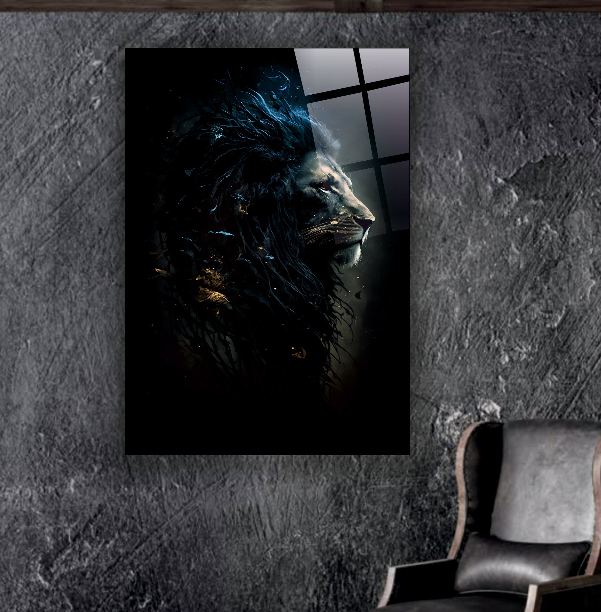 ASLAN-72 Gece Mavisi Soyut Aslan Cam Tablo