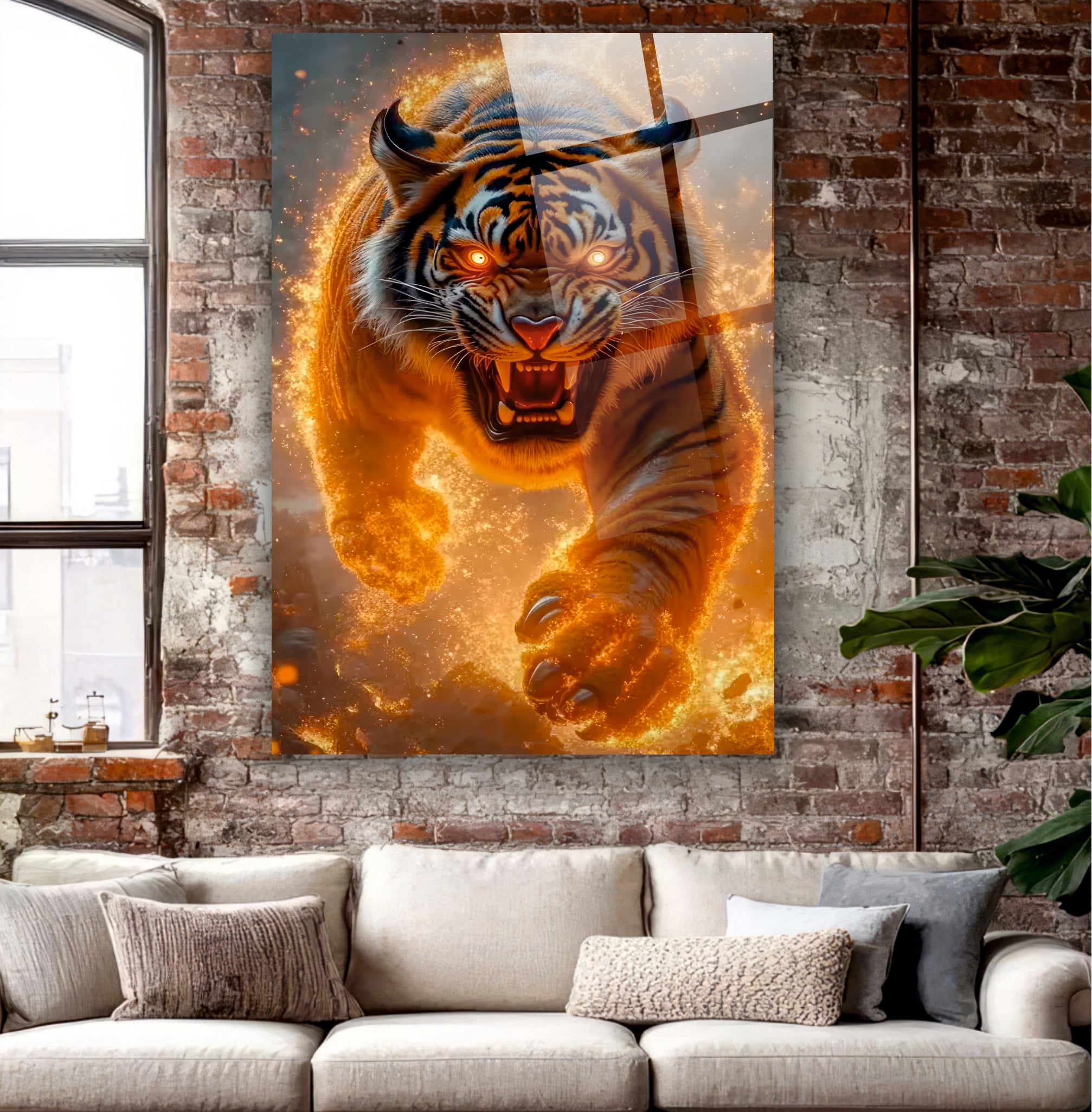 ASLAN-87 Alevler İçinde Kükreyen Kaplan Temalı Güç ve Enerji Cam Tablo