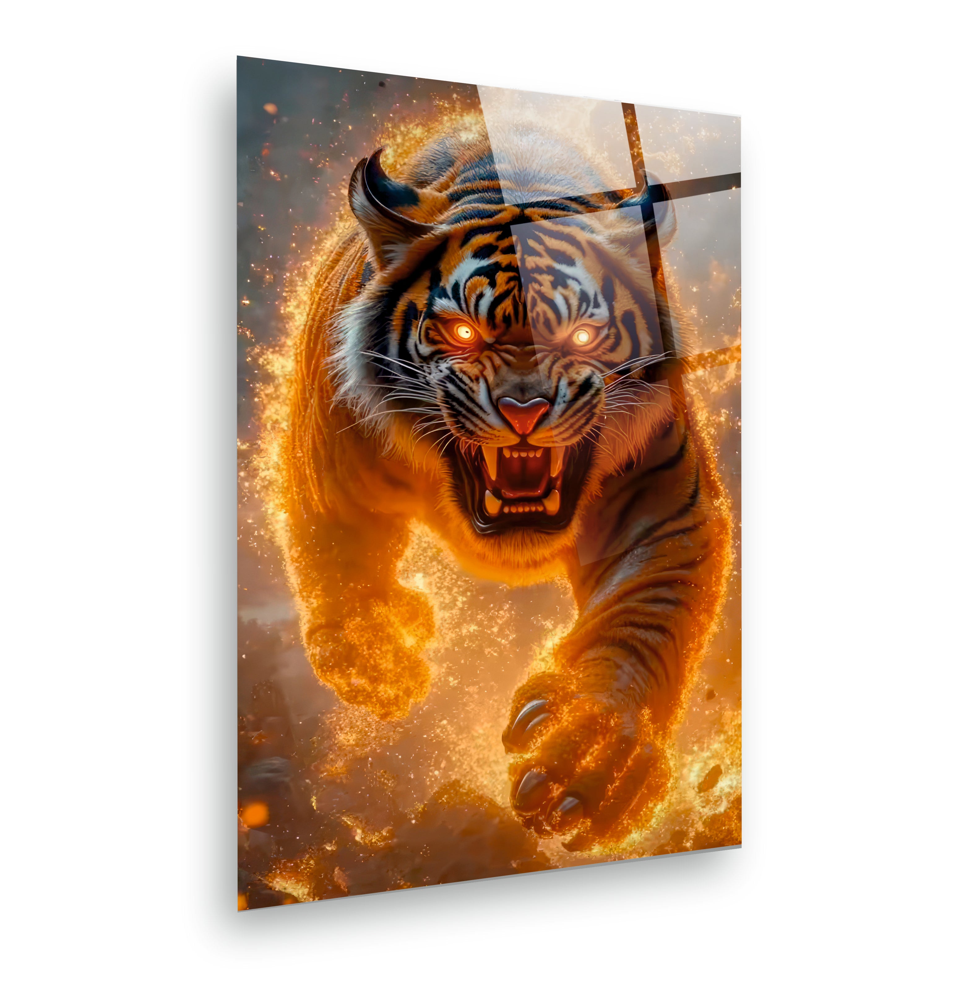 ASLAN-87 Alevler İçinde Kükreyen Kaplan Temalı Güç ve Enerji Cam Tablo