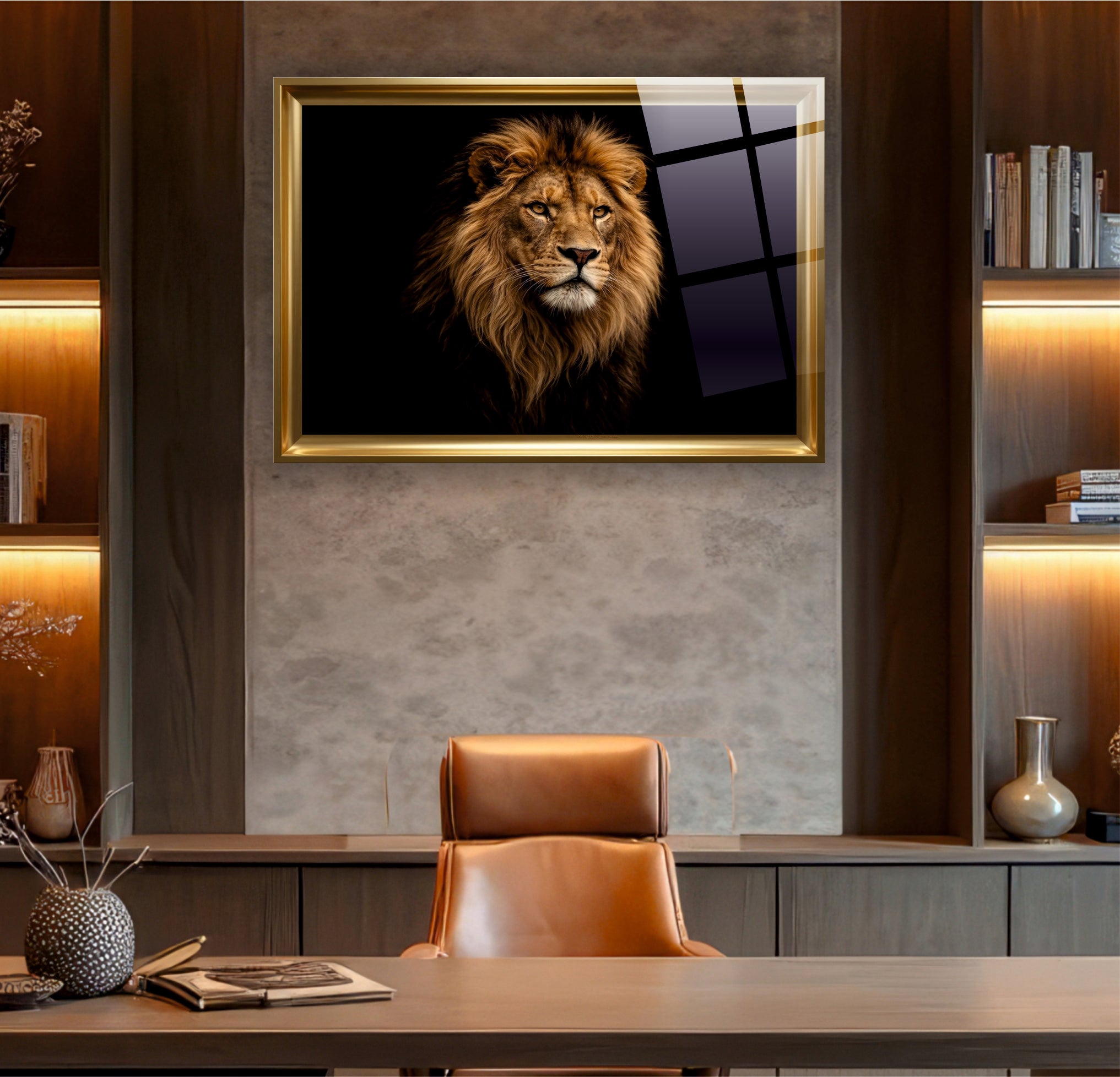ASLAN-88 Altın Çerçeveli Aslan Portresi Temalı Modern ve Şık Cam Tablo
