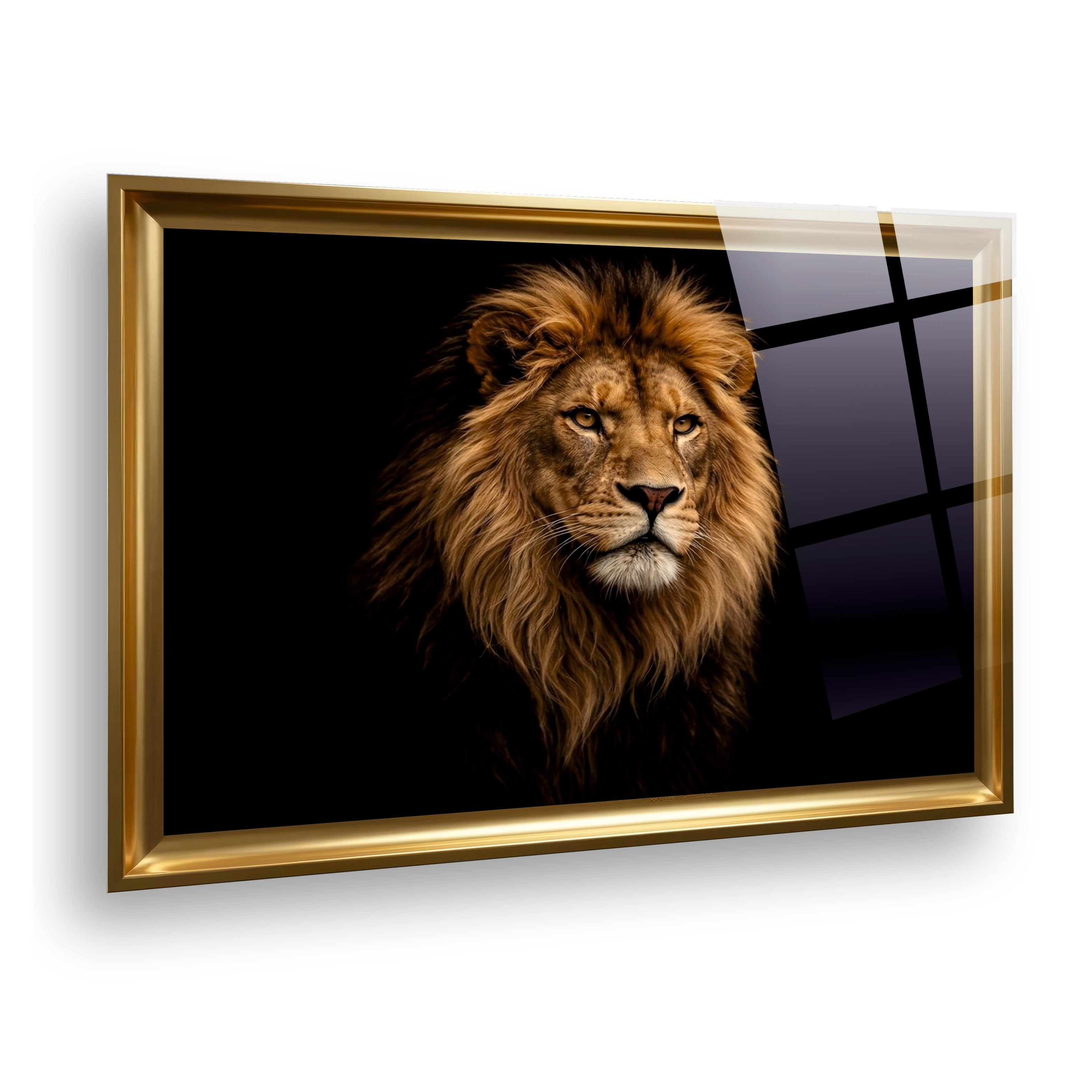 ASLAN-88 Altın Çerçeveli Aslan Portresi Temalı Modern ve Şık Cam Tablo