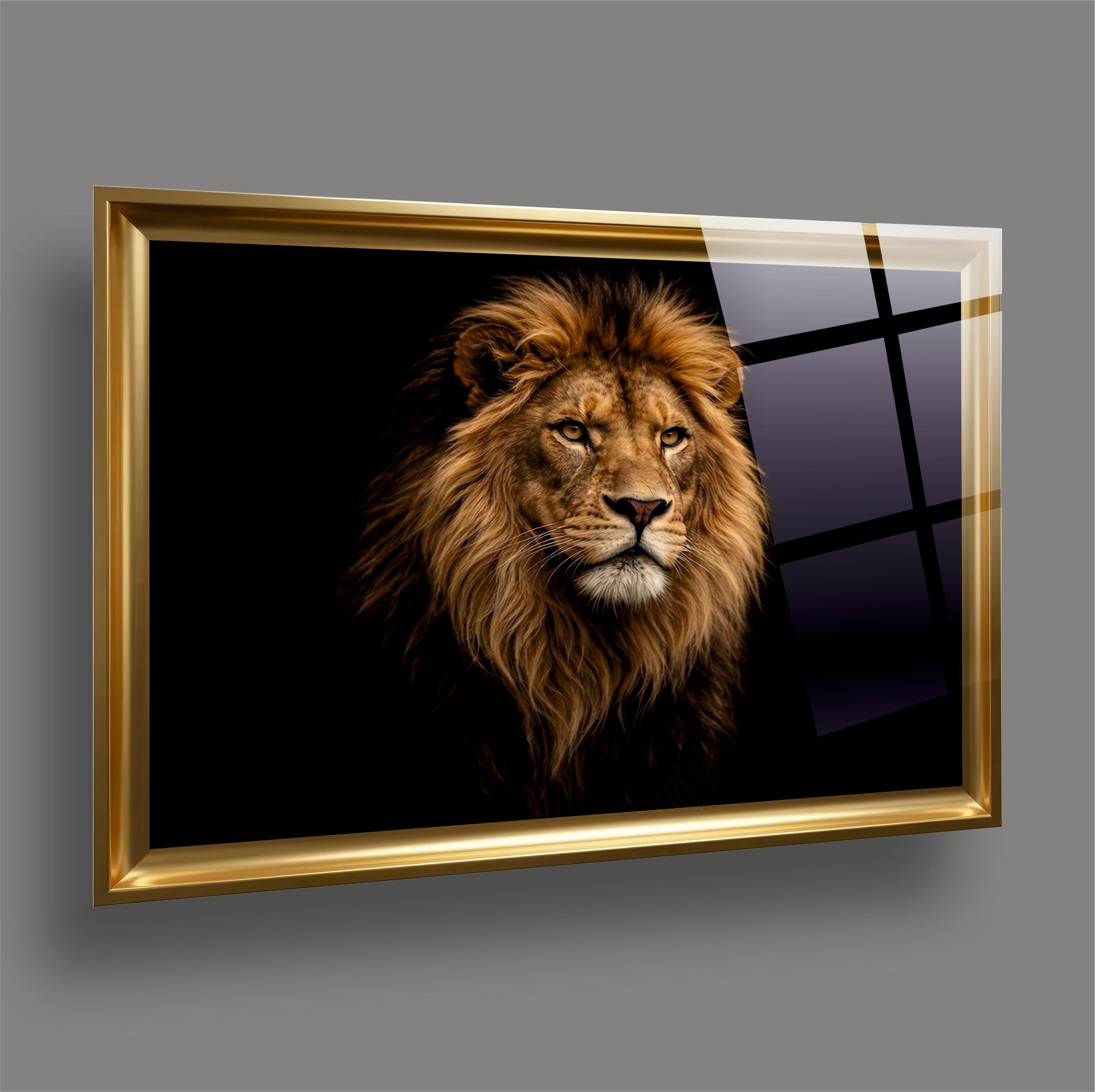 ASLAN-88 Altın Çerçeveli Aslan Portresi Temalı Modern ve Şık Cam Tablo