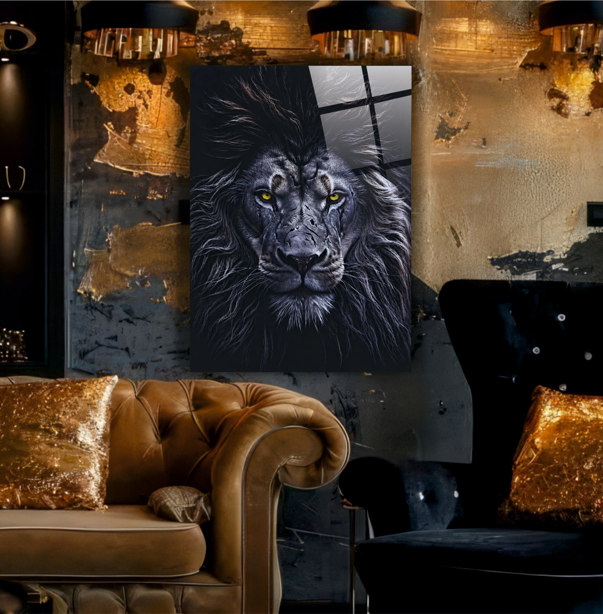 ASLAN-89 Siyah Beyaz Aslan Portresi ve Sarı Gözler Temalı Modern Cam Tablo