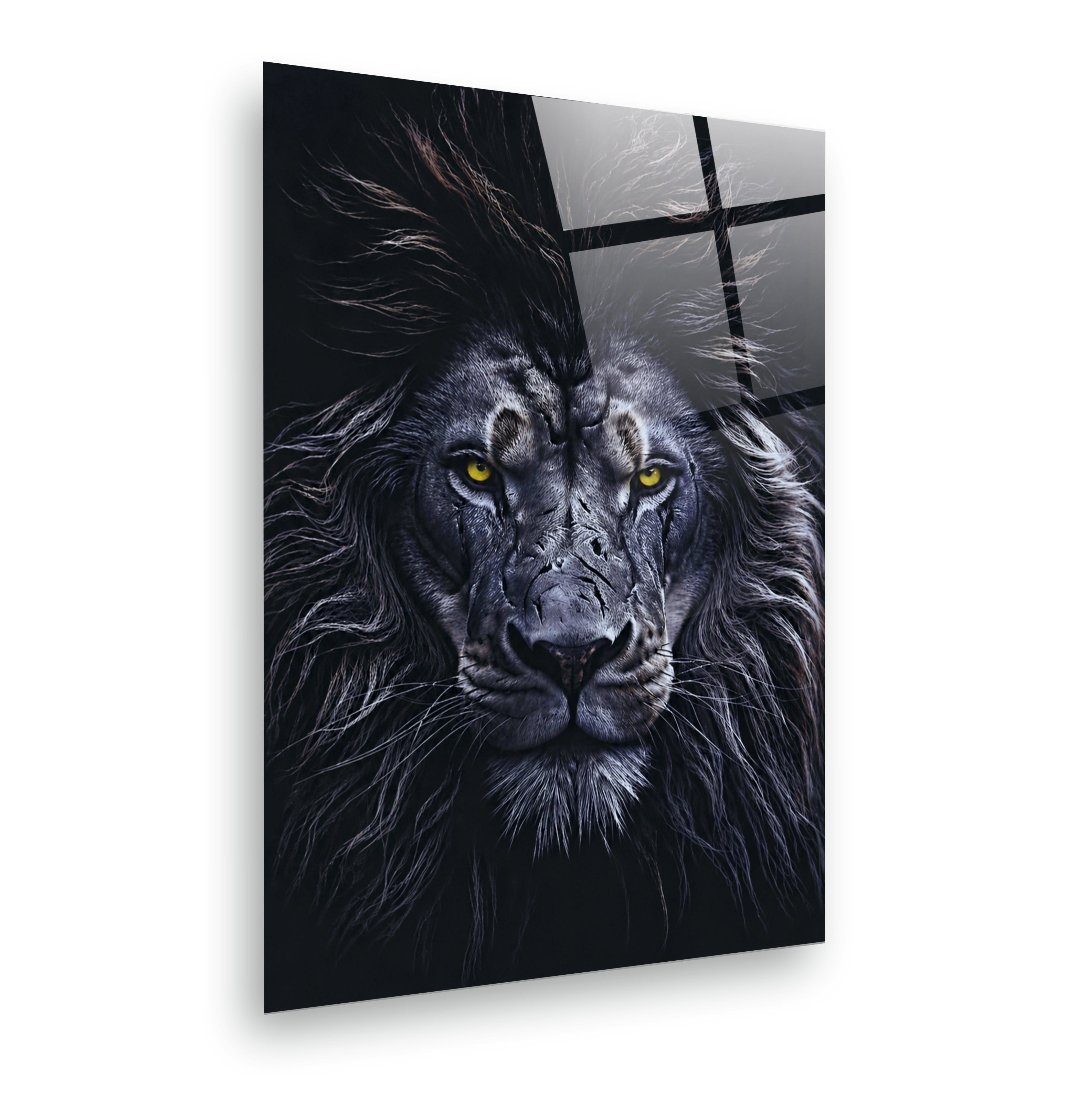 ASLAN-89 Siyah Beyaz Aslan Portresi ve Sarı Gözler Temalı Modern Cam Tablo