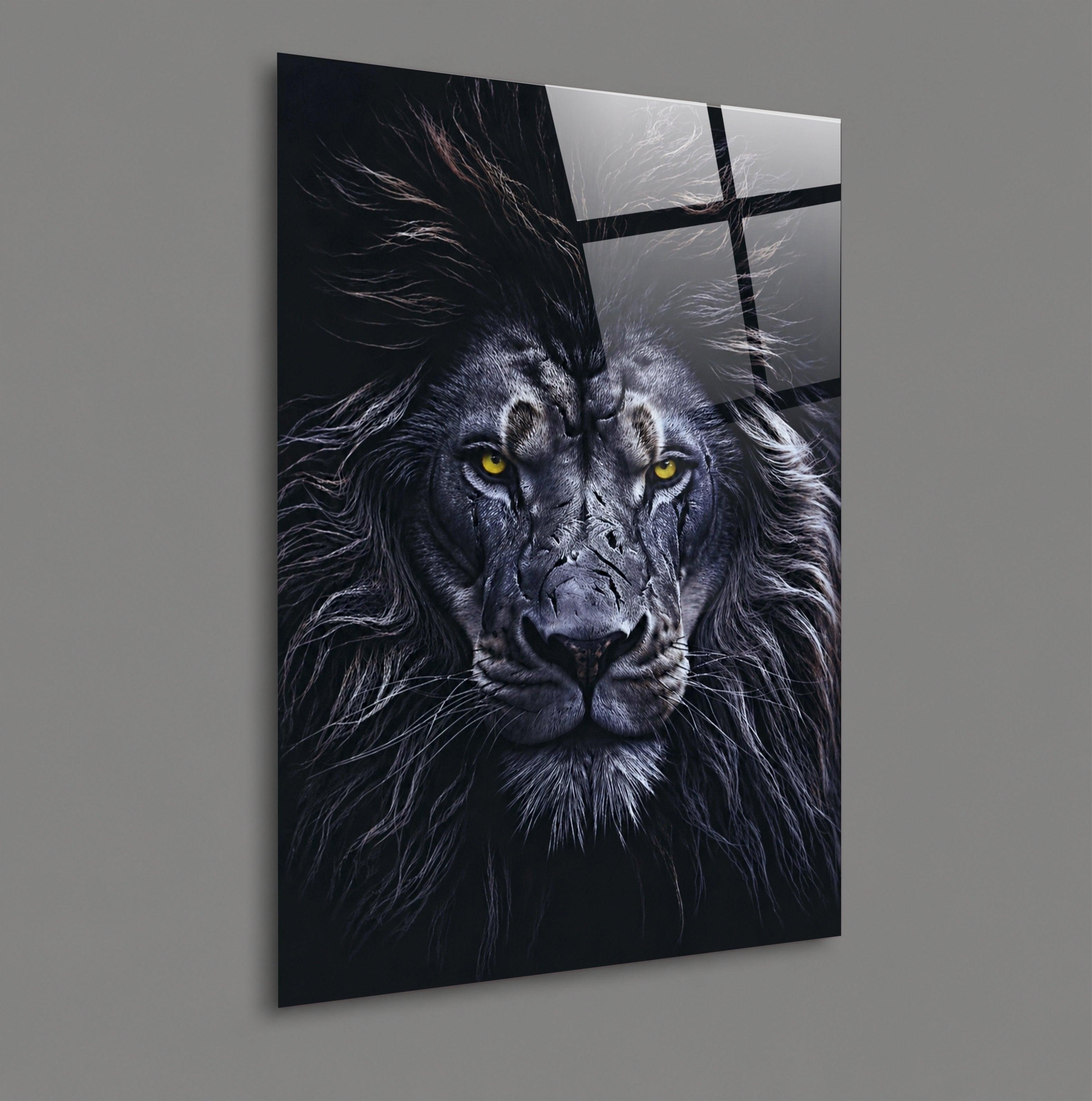 ASLAN-89 Siyah Beyaz Aslan Portresi ve Sarı Gözler Temalı Modern Cam Tablo