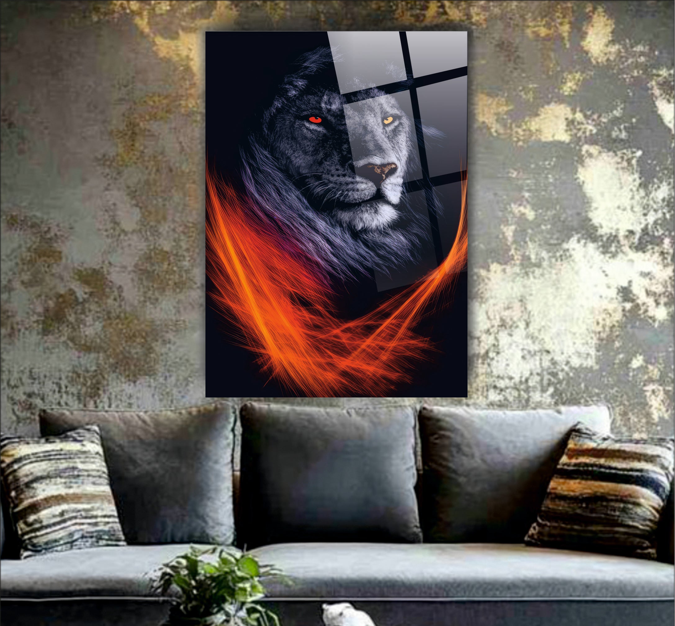 ASLAN-90 Siyah Aslan ve Kırmızı Turuncu Alev Efektli Güç Temalı Modern Cam Tablo