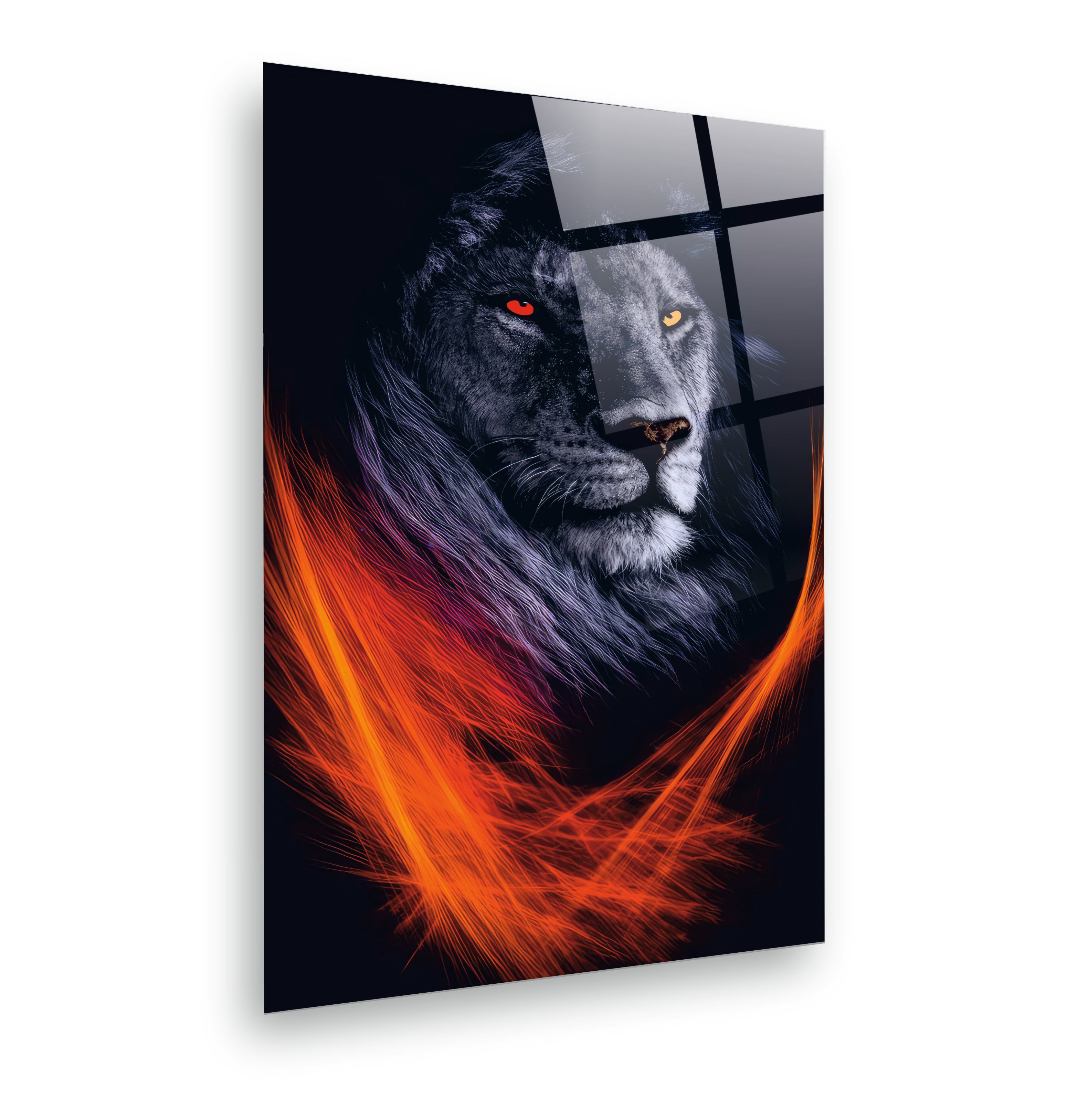 ASLAN-90 Siyah Aslan ve Kırmızı Turuncu Alev Efektli Güç Temalı Modern Cam Tablo