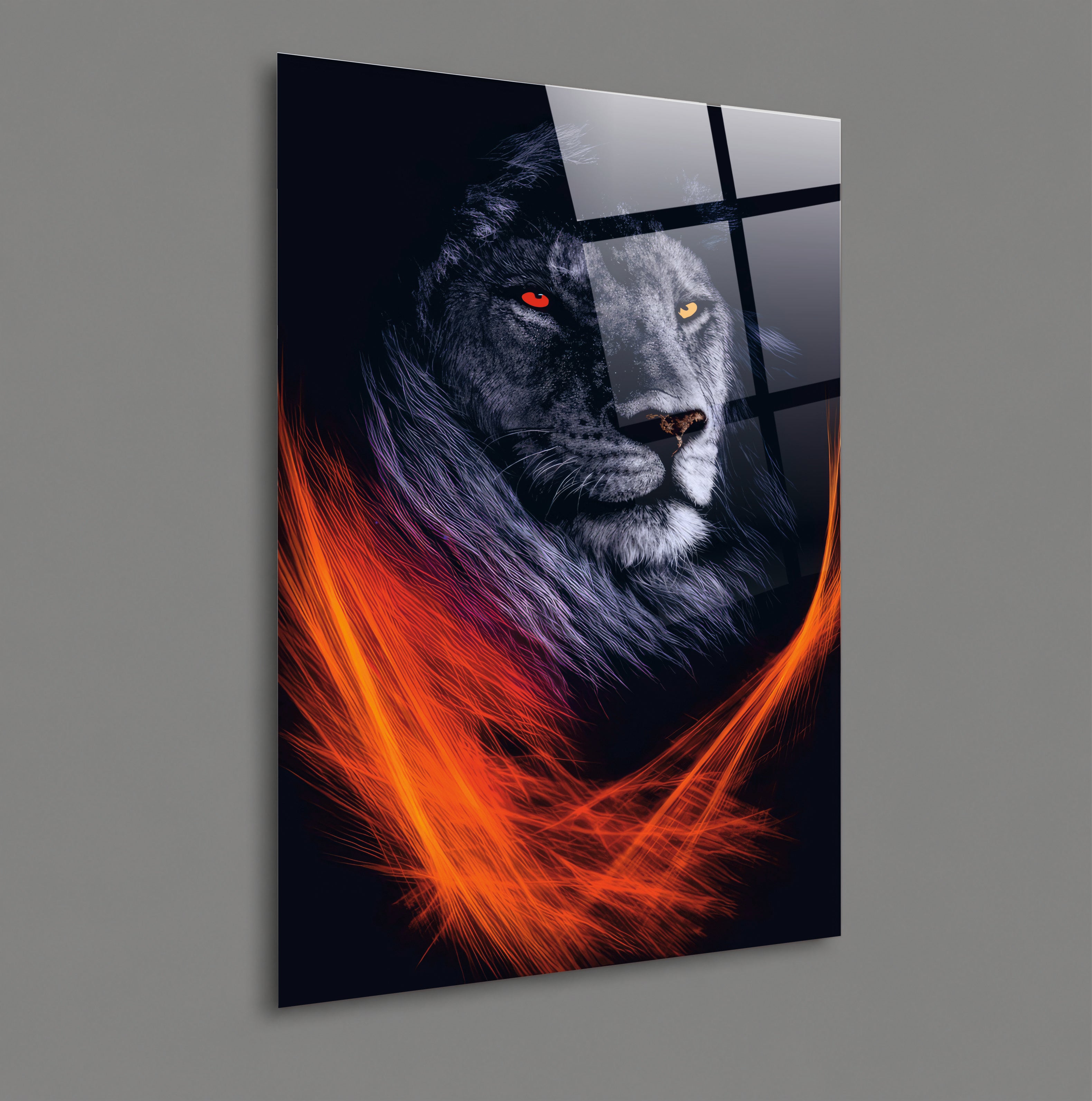 ASLAN-90 Siyah Aslan ve Kırmızı Turuncu Alev Efektli Güç Temalı Modern Cam Tablo