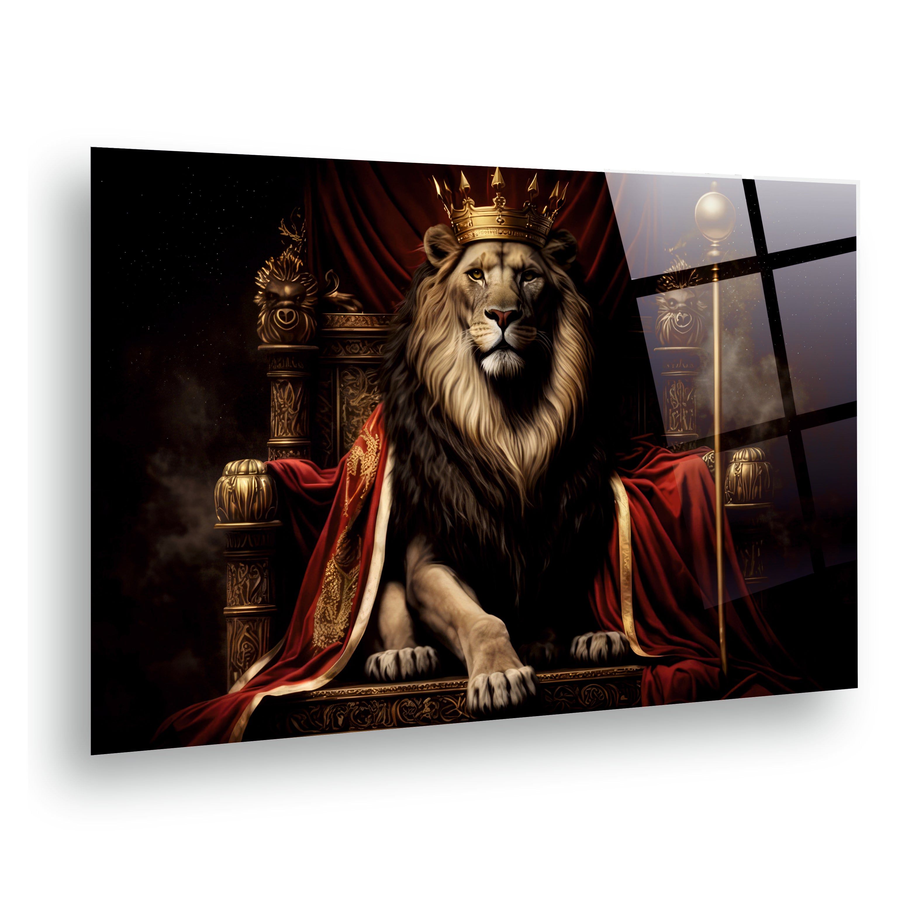 ASLAN-92 Taçlı Kral Aslan ve Taht Temalı Görkemli Dekoratif Cam Tablo