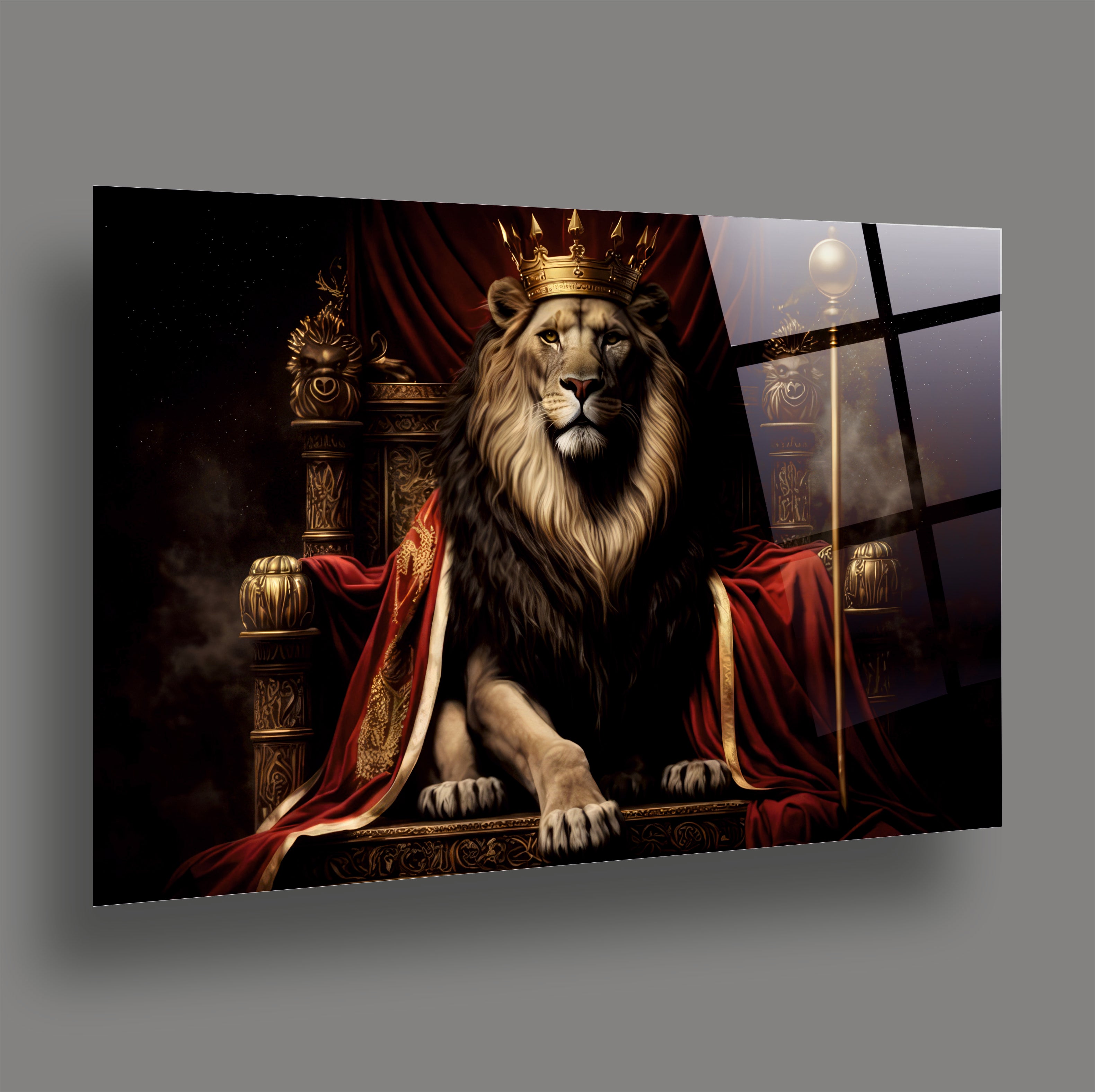 ASLAN-92 Taçlı Kral Aslan ve Taht Temalı Görkemli Dekoratif Cam Tablo