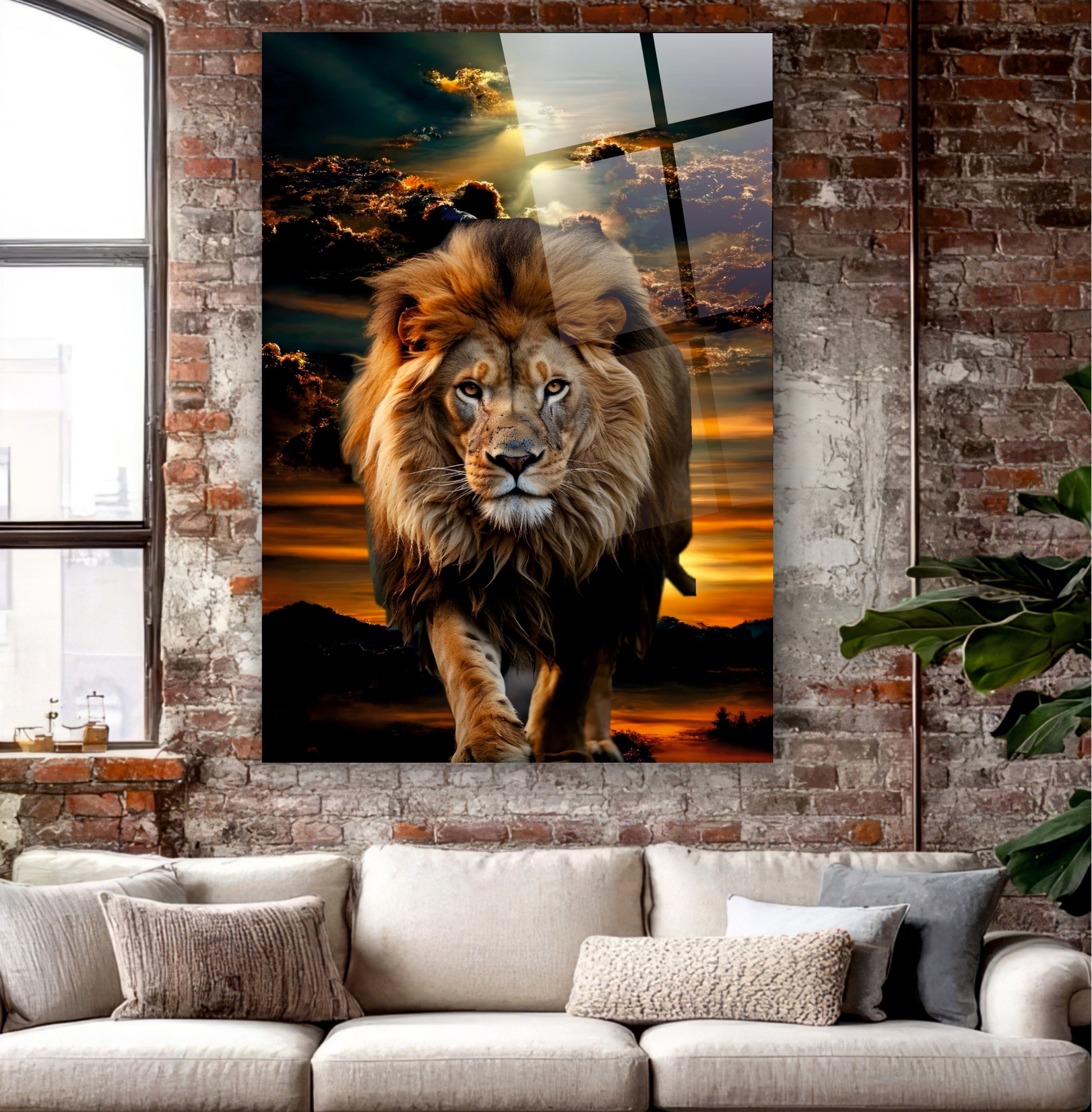 ASLAN-93 Gün Batımı ve Görkemli Aslan Temalı Güçlü Modern Cam Tablo