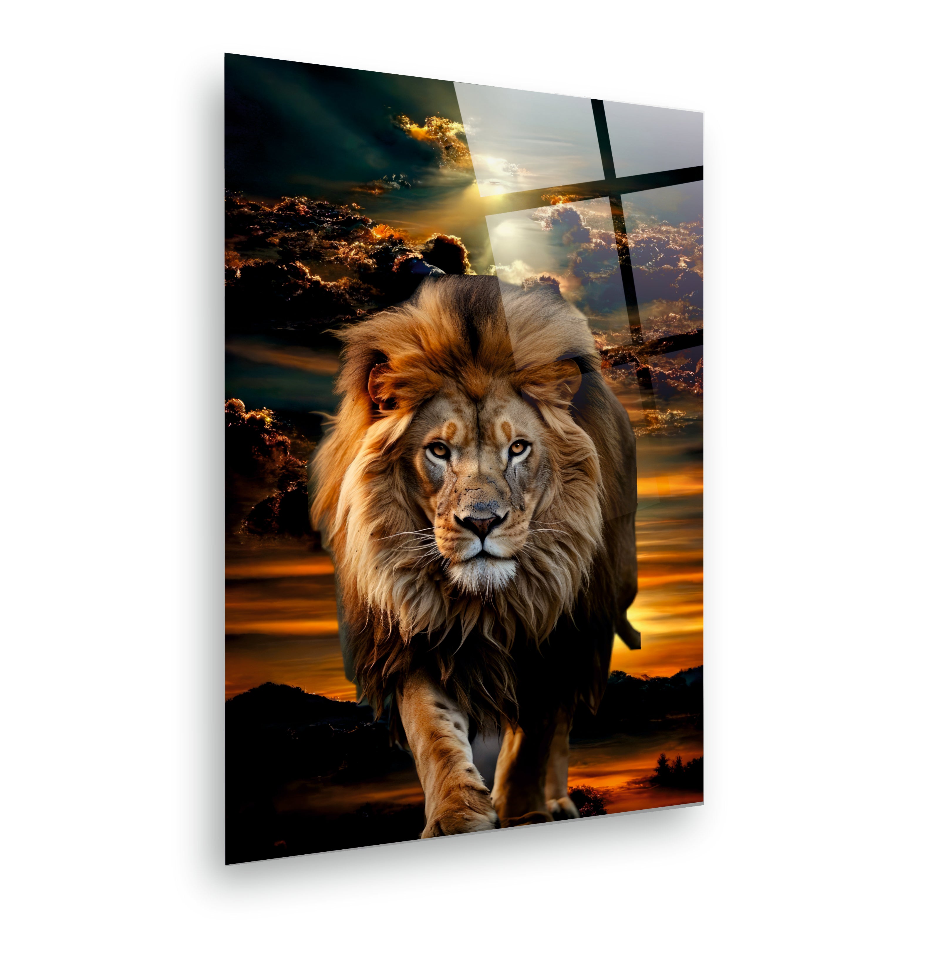 ASLAN-93 Gün Batımı ve Görkemli Aslan Temalı Güçlü Modern Cam Tablo
