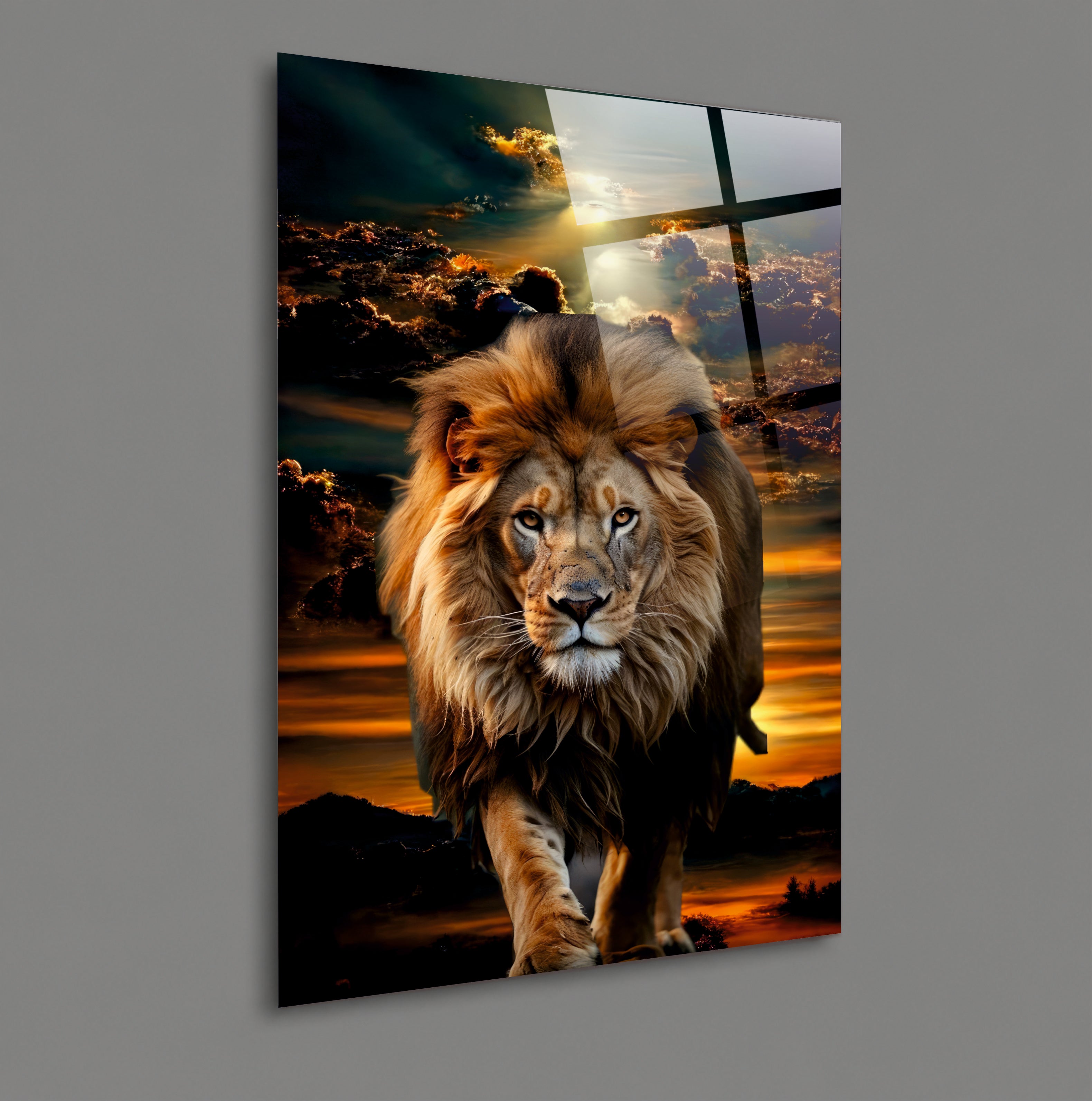 ASLAN-93 Gün Batımı ve Görkemli Aslan Temalı Güçlü Modern Cam Tablo