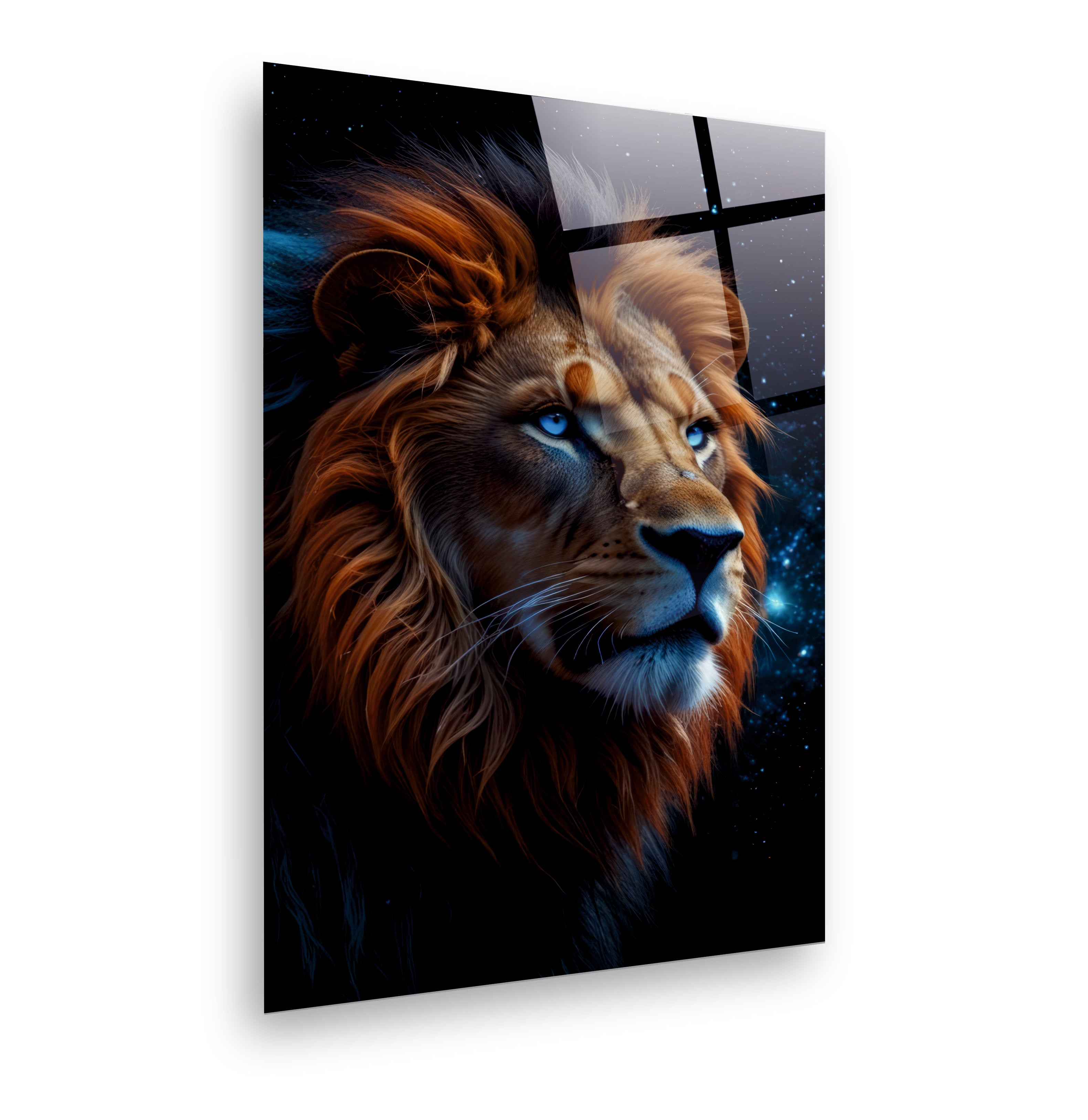 ASLAN-94 Mavi Gözlü Görkemli Aslan ve Kozmik Gece Temalı Modern Cam Tablo