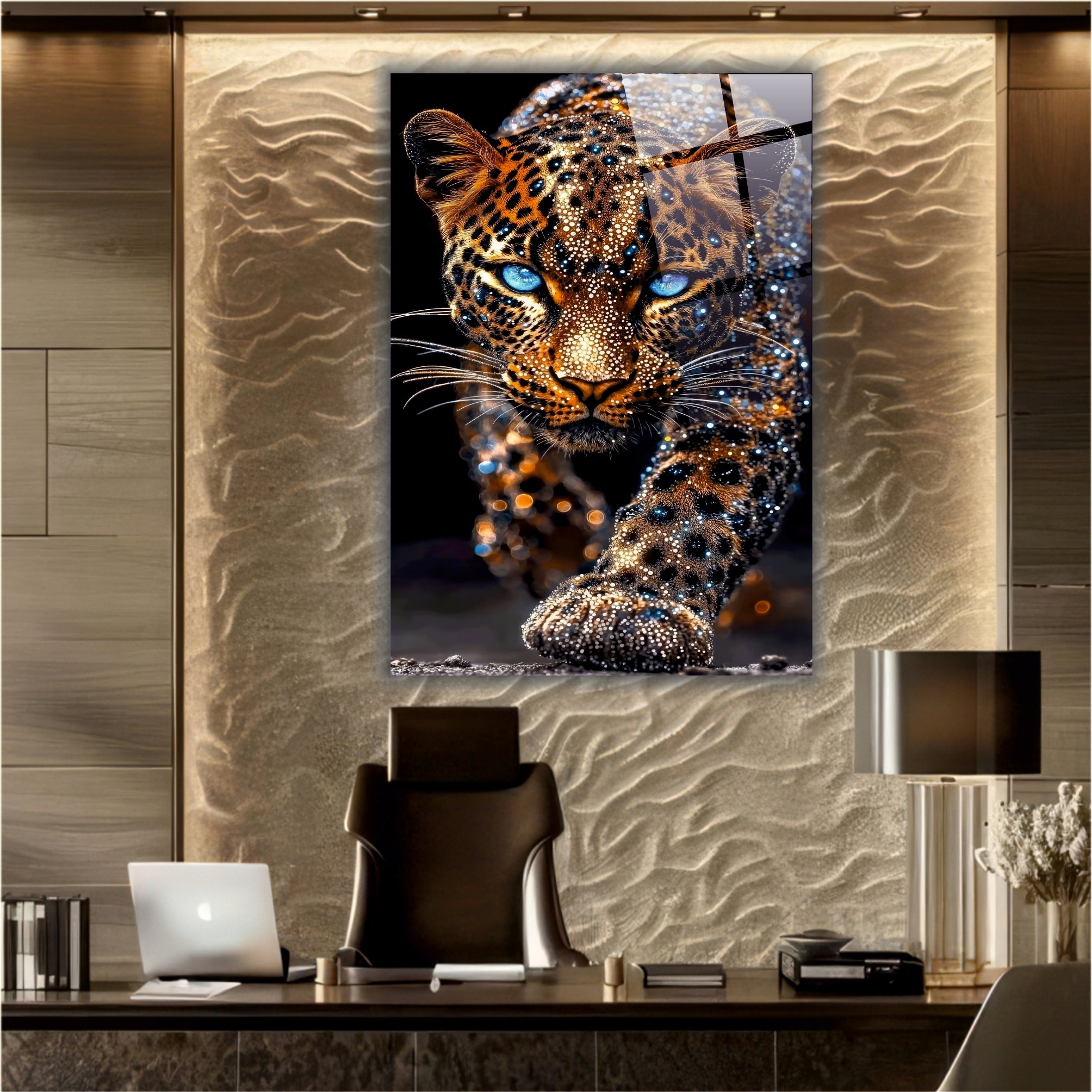 ASLAN-95 Mavi Gözlü Leopar ve Parıltılı Detaylar Temalı Modern Cam Tablo
