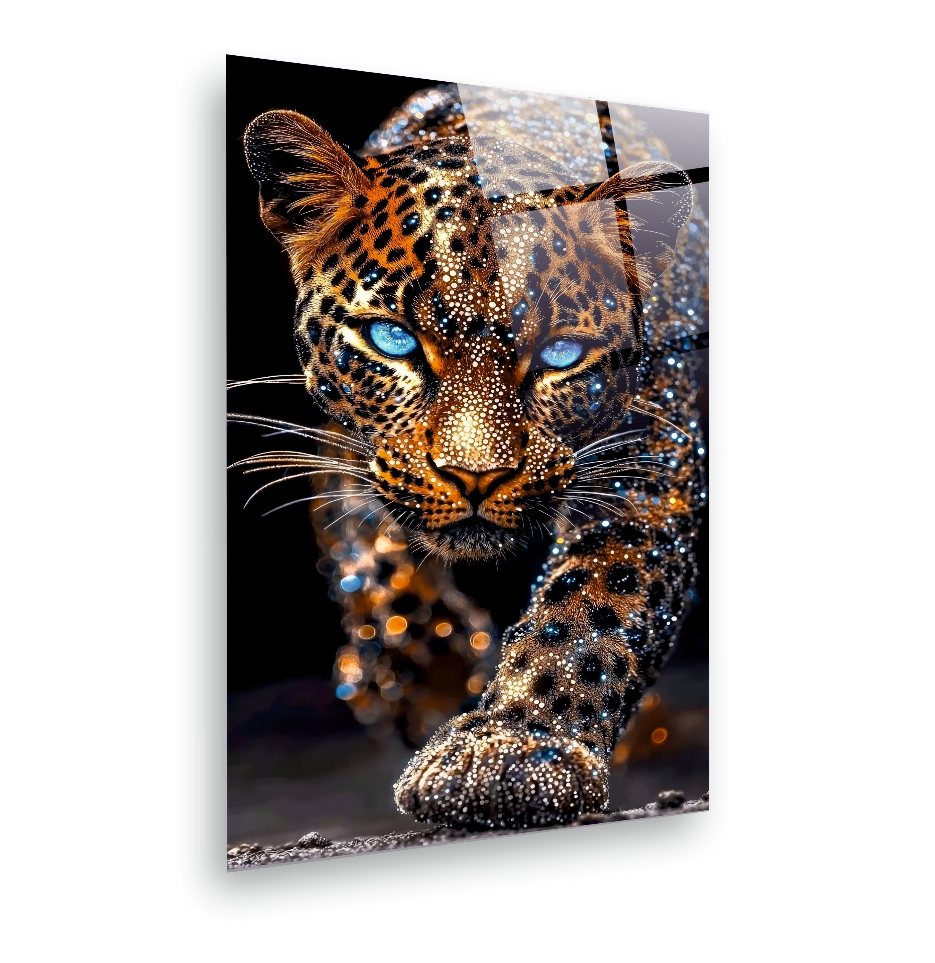 ASLAN-95 Mavi Gözlü Leopar ve Parıltılı Detaylar Temalı Modern Cam Tablo