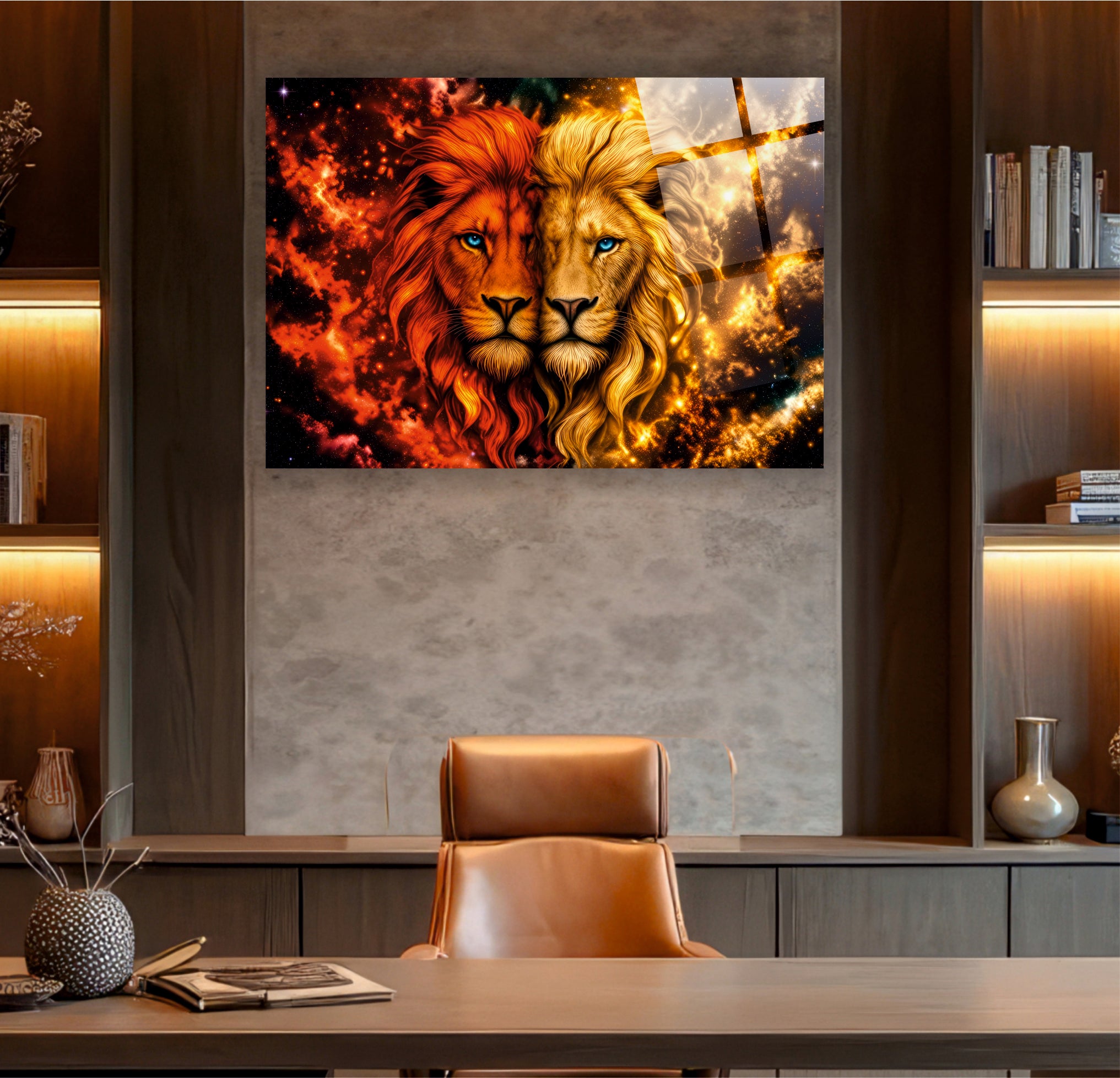 ASLAN-96 Ateş ve Altın Tonlarında İki Aslan Temalı Kozmik Güç Cam Tablo