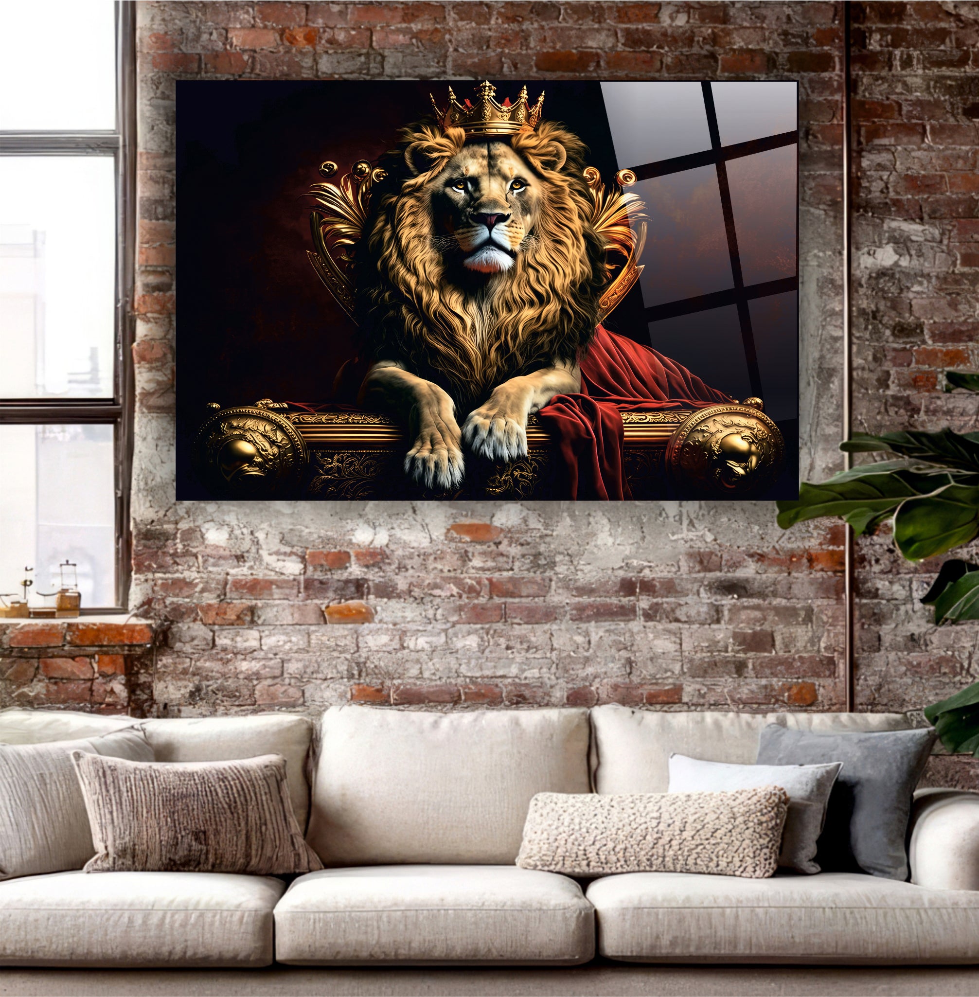 ASLAN-97 Taçlı Kral Aslan ve Altın Taht Temalı Görkemli Modern Cam Tablo