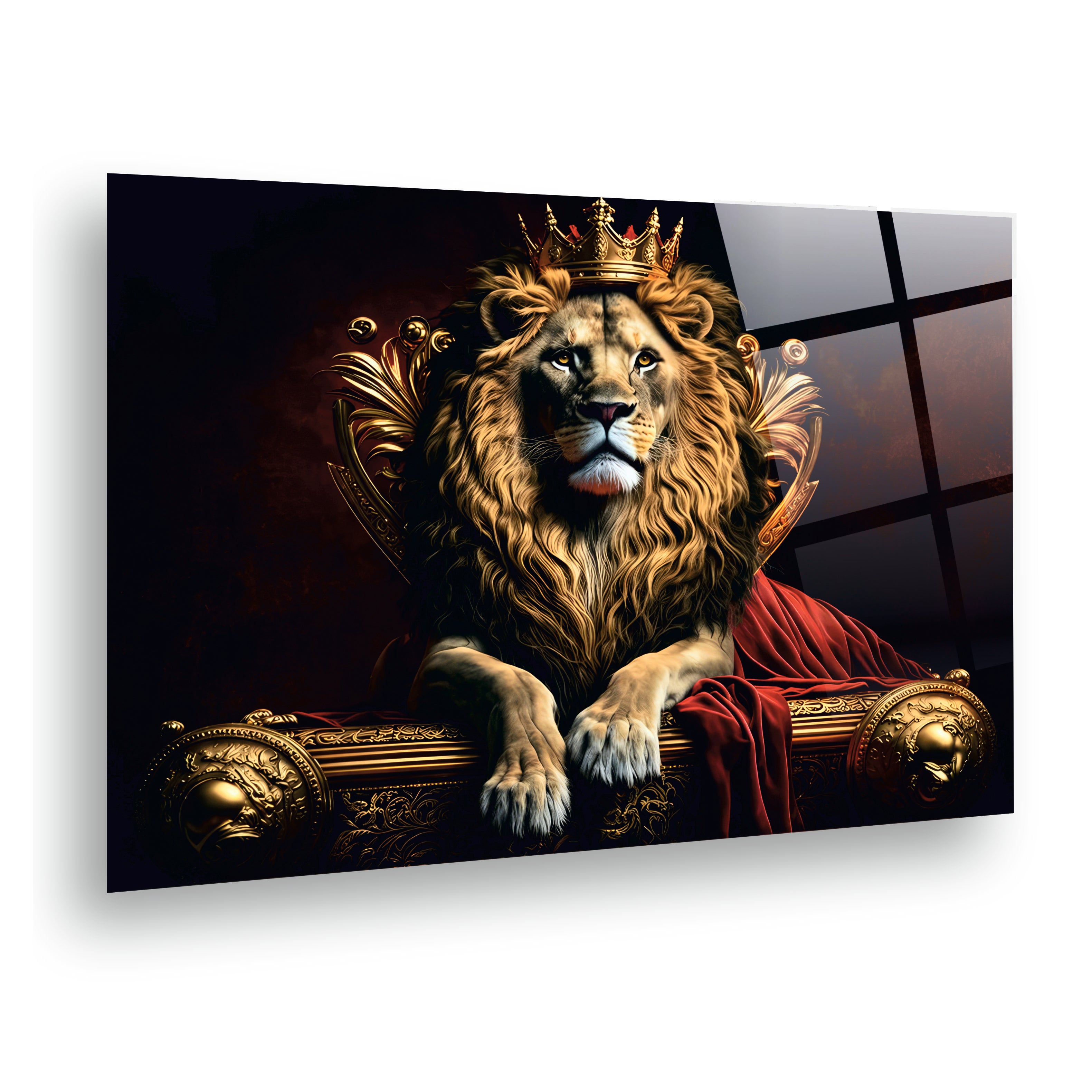 ASLAN-97 Taçlı Kral Aslan ve Altın Taht Temalı Görkemli Modern Cam Tablo
