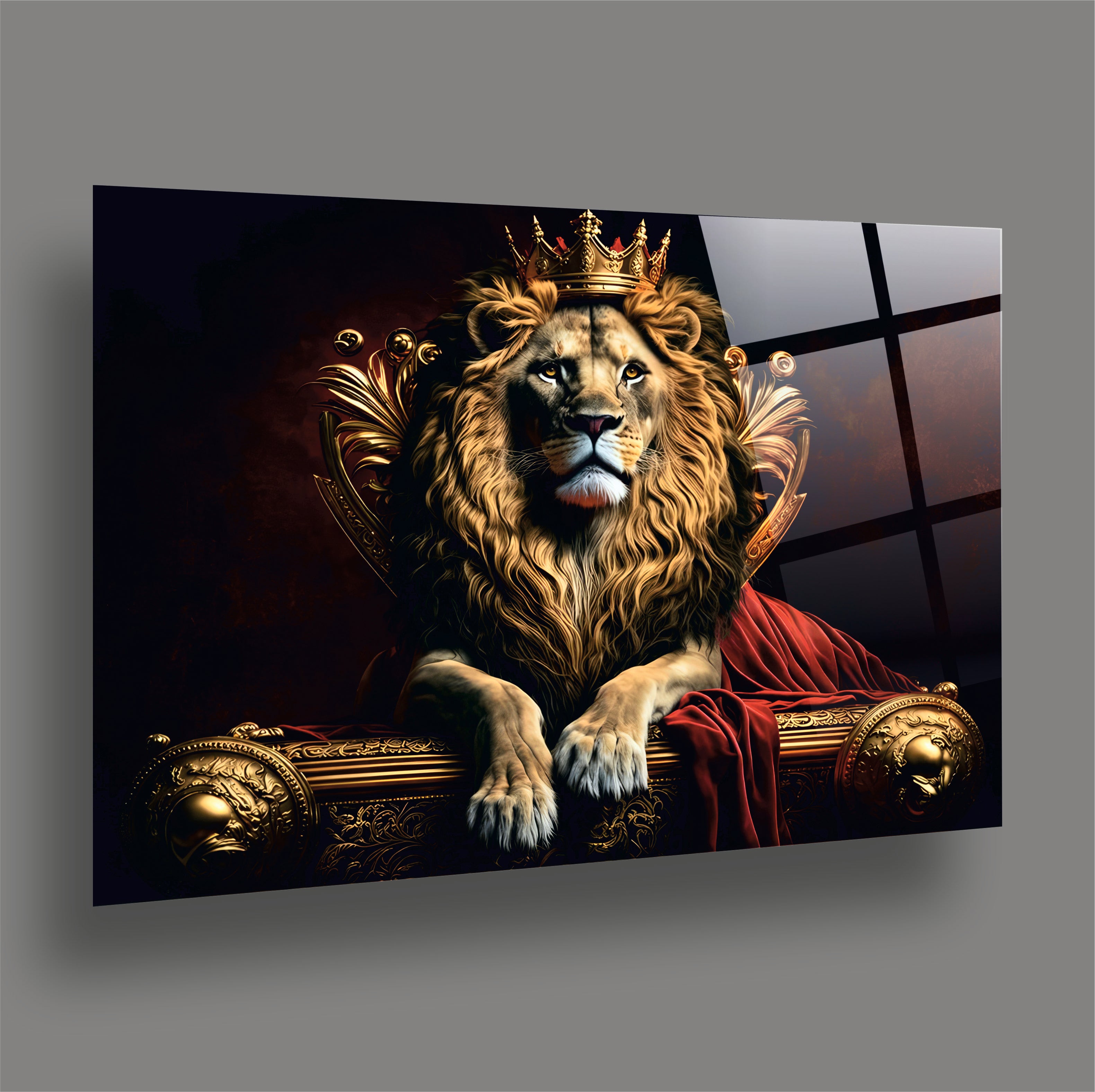 ASLAN-97 Taçlı Kral Aslan ve Altın Taht Temalı Görkemli Modern Cam Tablo