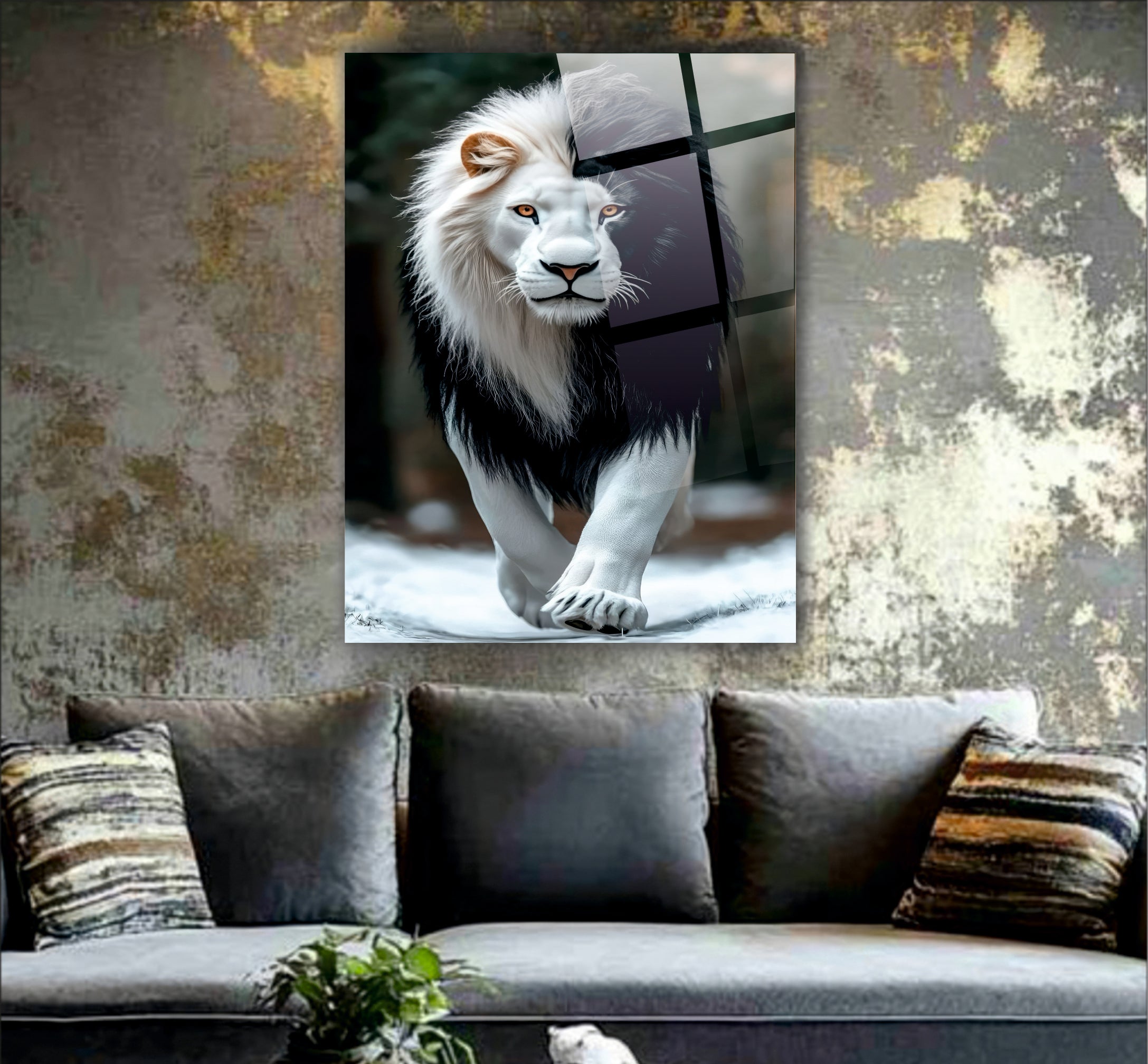 ASLAN-98 Beyaz Aslan ve Kış Manzarası Temalı Görkemli Modern Cam Tablo