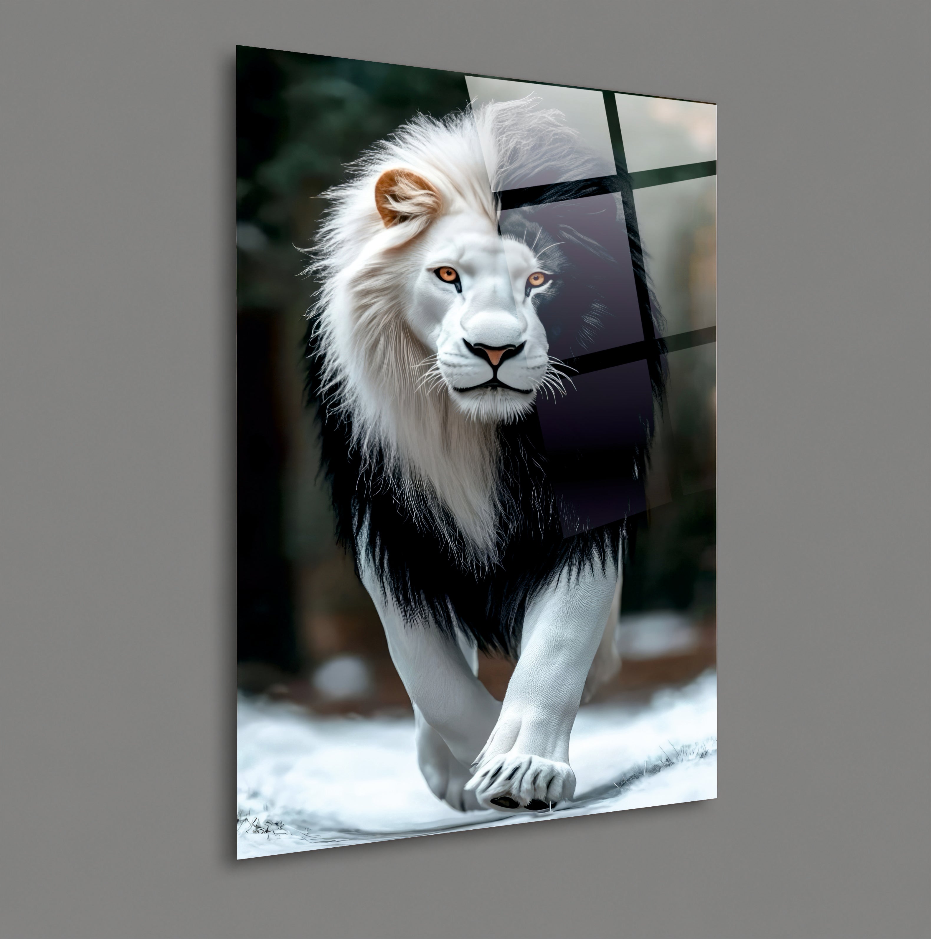 ASLAN-98 Beyaz Aslan ve Kış Manzarası Temalı Görkemli Modern Cam Tablo