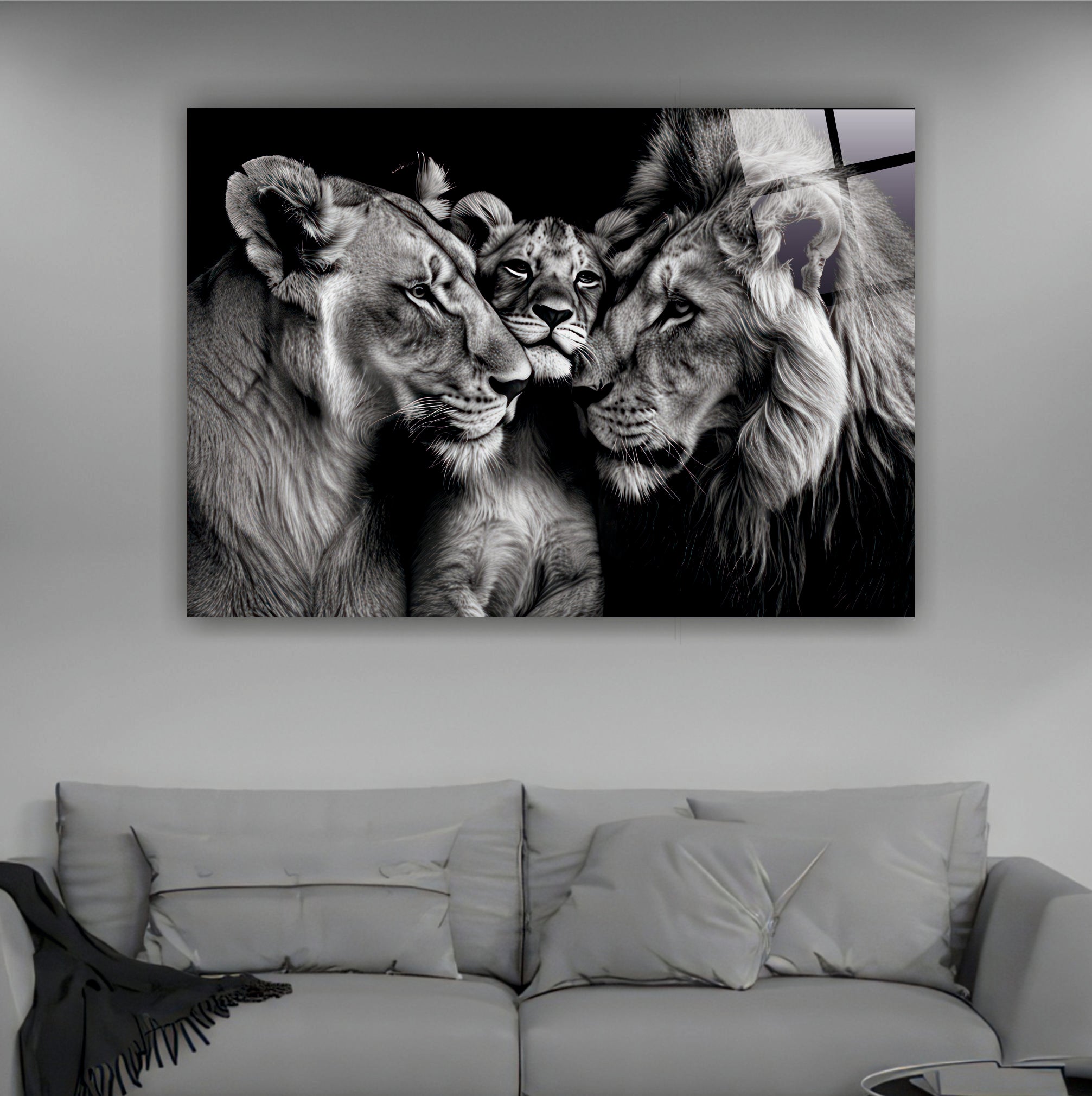 ASLAN-99 Siyah Beyaz Aslan Ailesi Temalı Güç ve Aile Bağını Yansıtan Modern Cam Tablo
